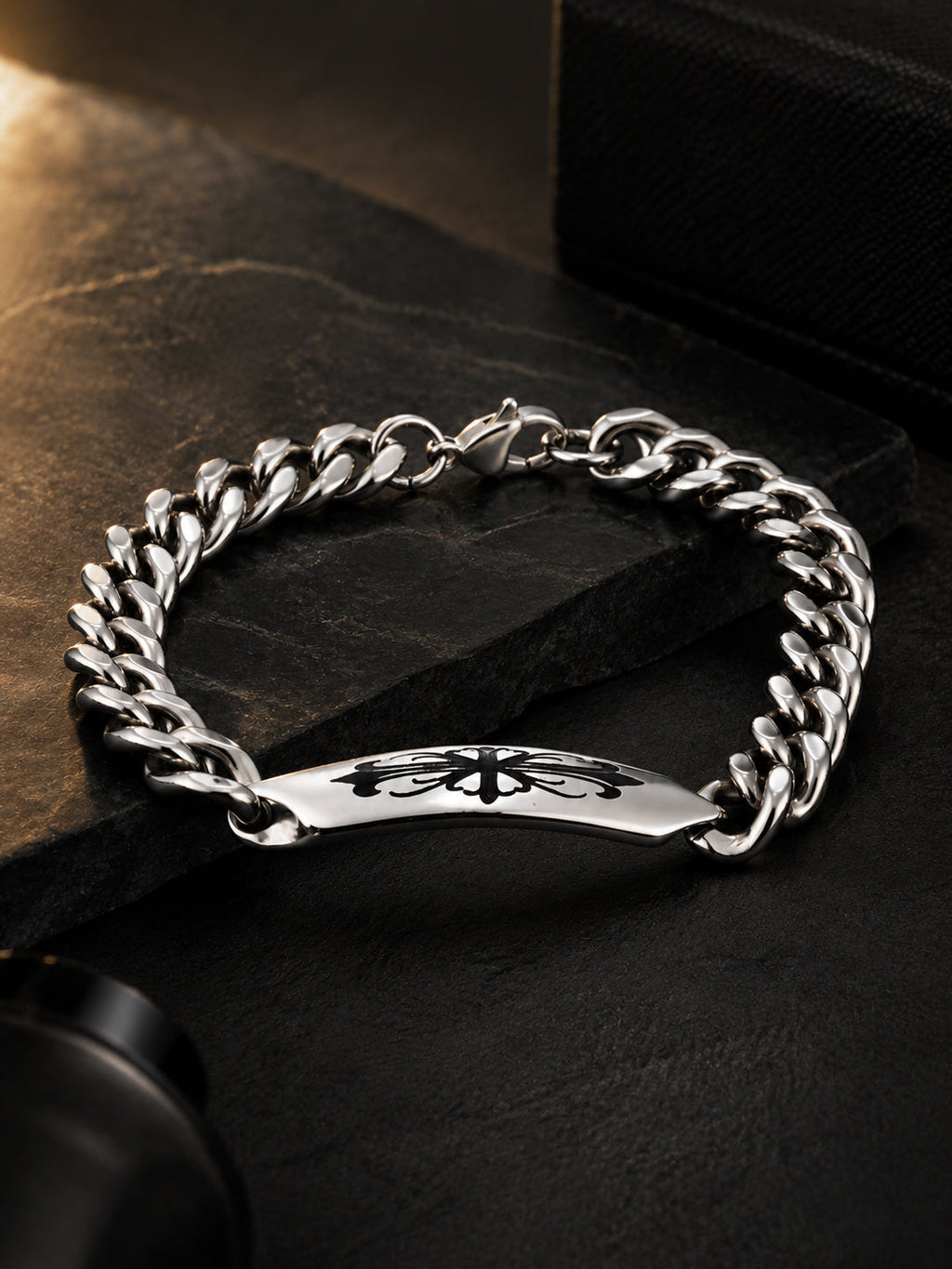 Silver Rhodium-Plated Shadow Link Waterproof Stainless Steel Bracelet for Men