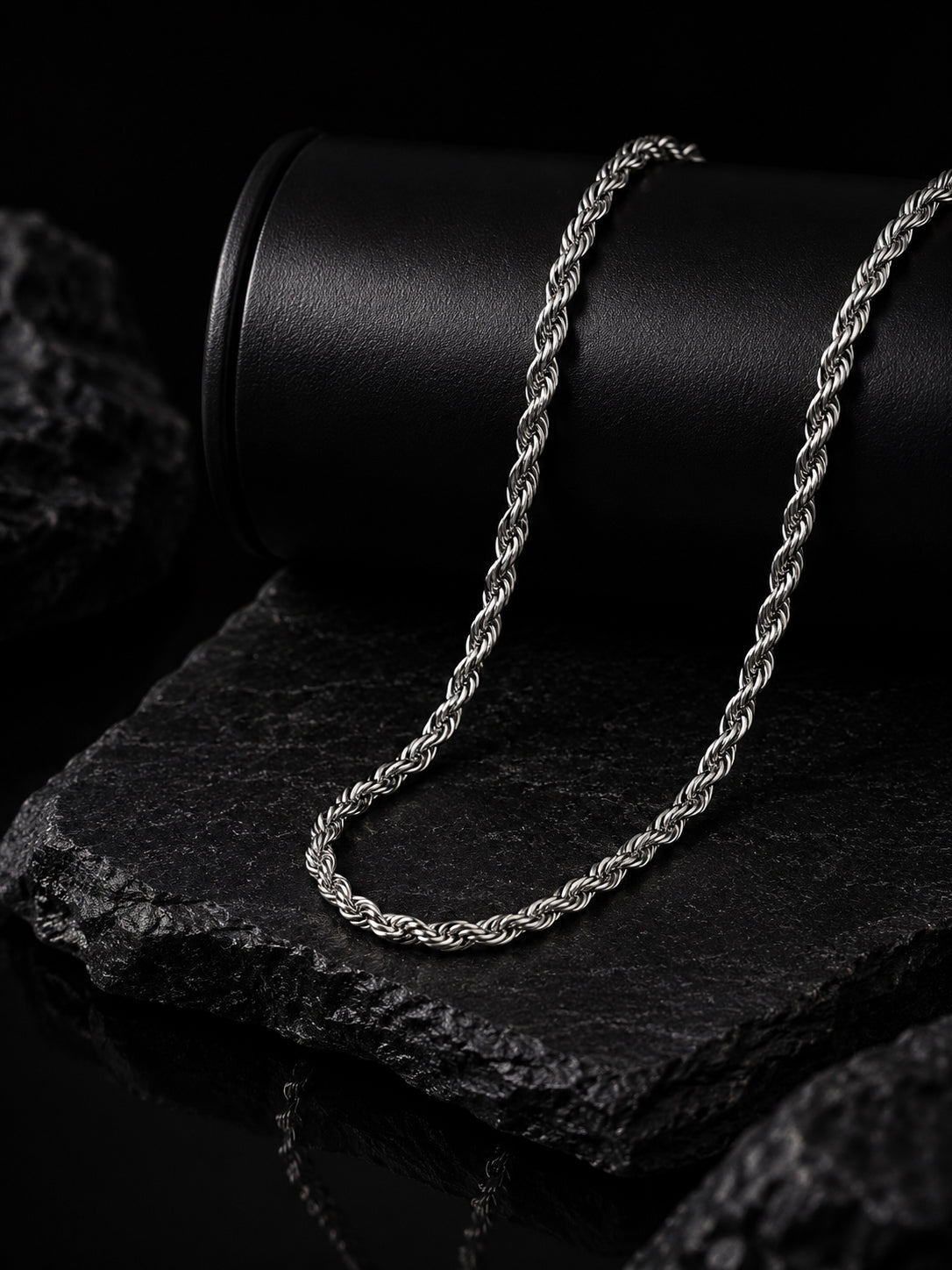 Silver Rhodium-Plated Rope Anti-Tarnish Waterproof Stainless Steel Chain Men