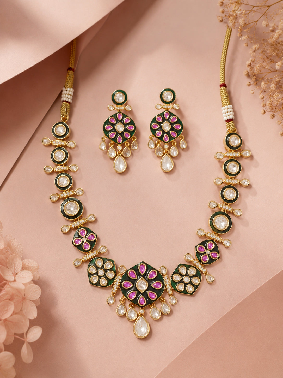 Aanura Purple Kundan Pendant Necklace & Earrings