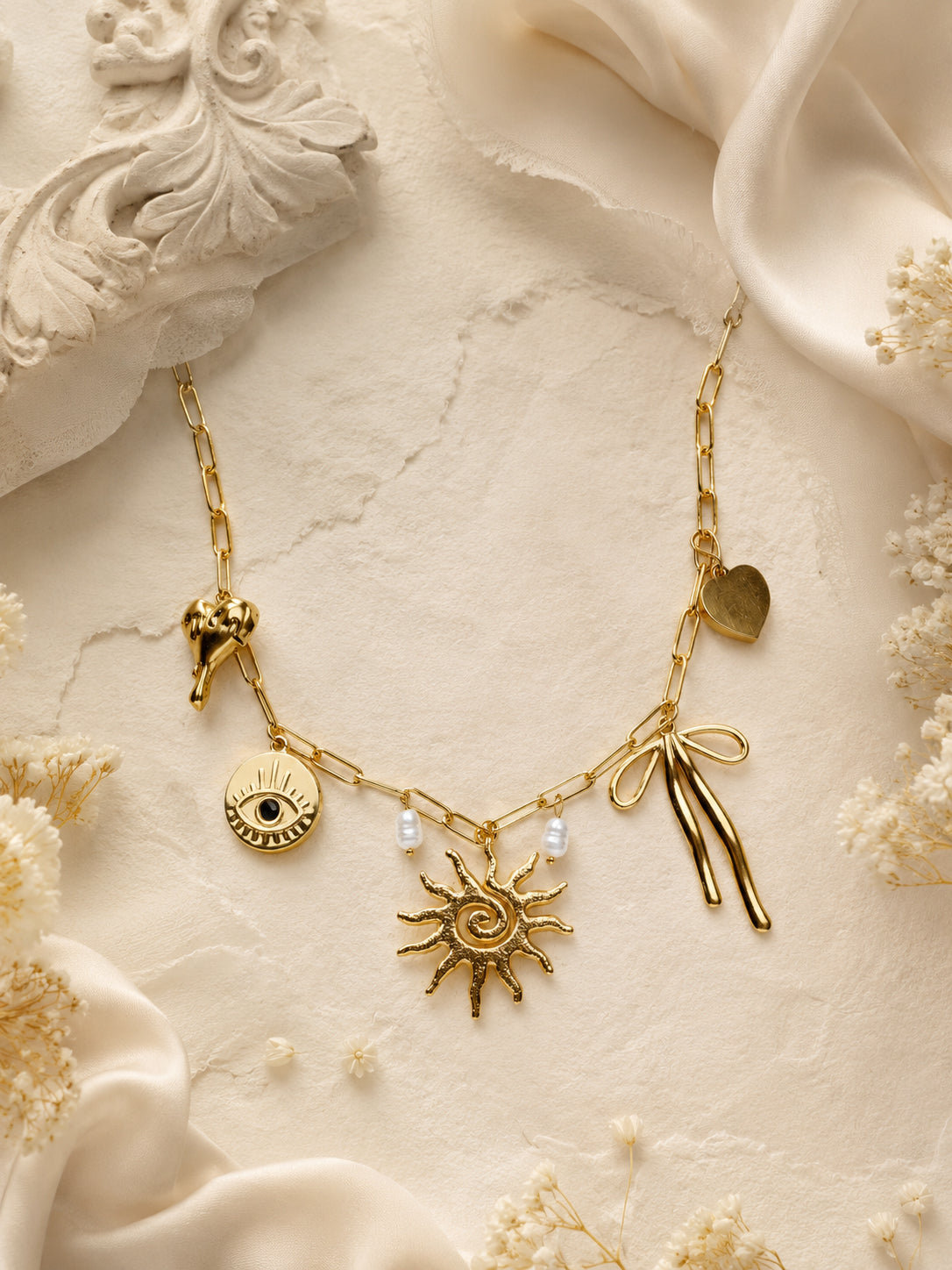 Aanura Gold Charm Necklace with Sun & Heart Pendants