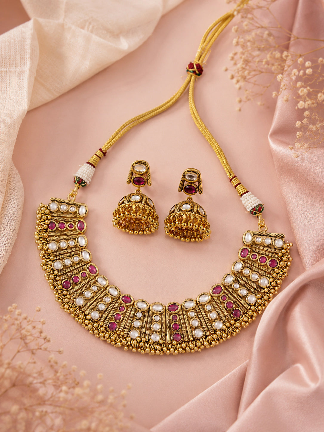 Aanura Antique Gold Ruby & White Stone Choker Set