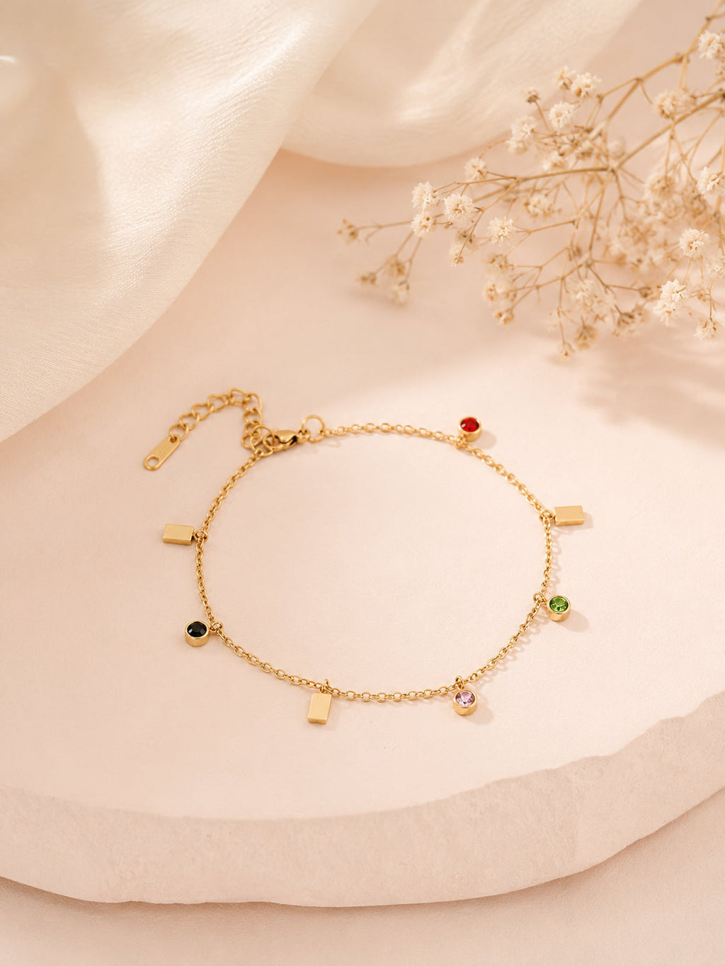 Stainless Steel 18K Gold Plated Multi-Stone Chain Charm Bracelet