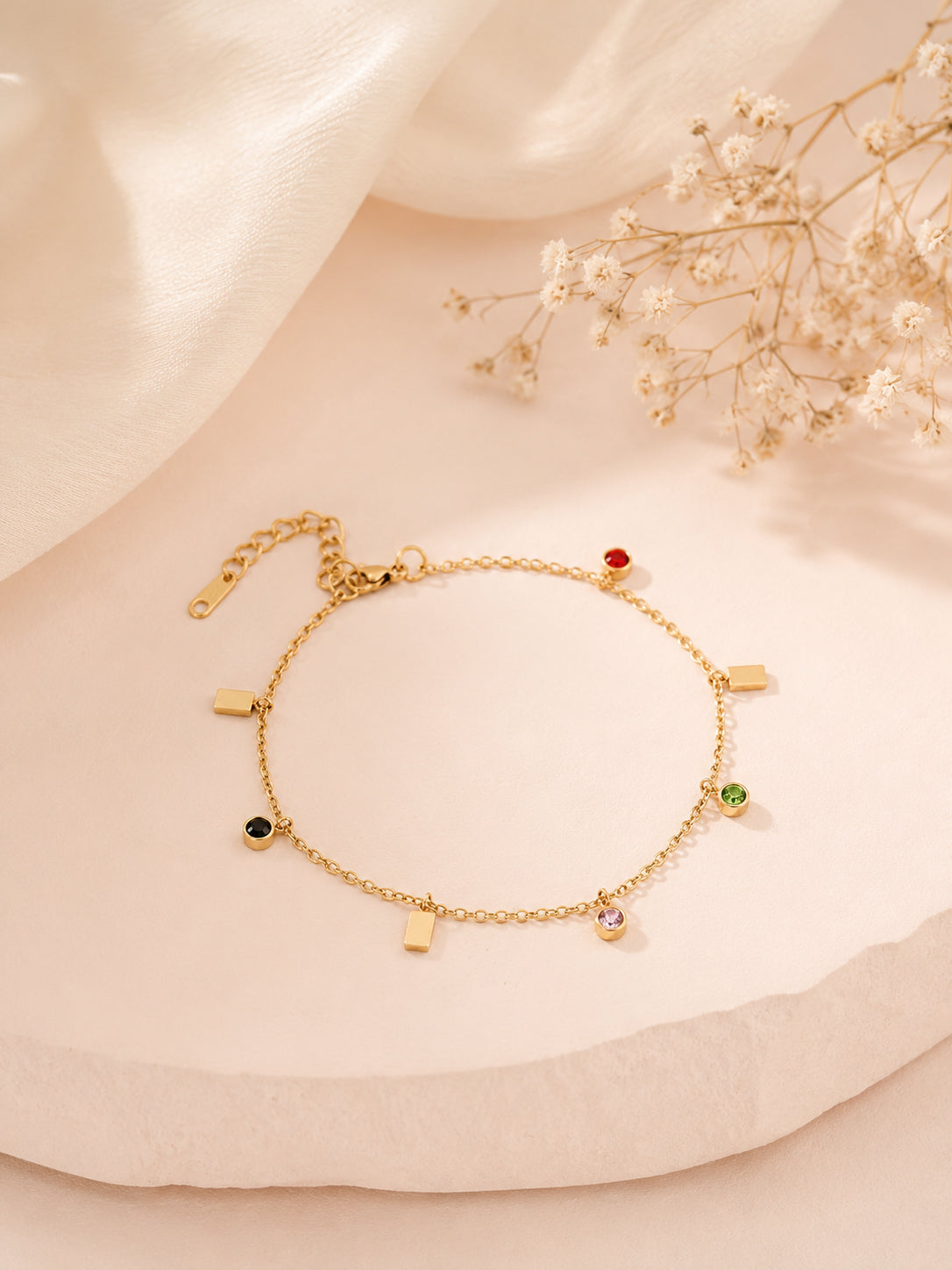 Stainless Steel 18K Gold Plated Multi-Stone Chain Charm Bracelet