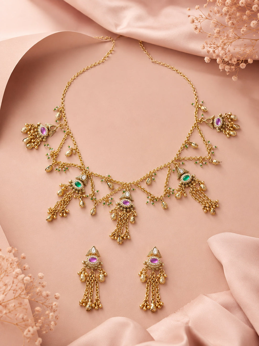 Aanura Cascading Chain Necklace Set with Green & Purple Stones