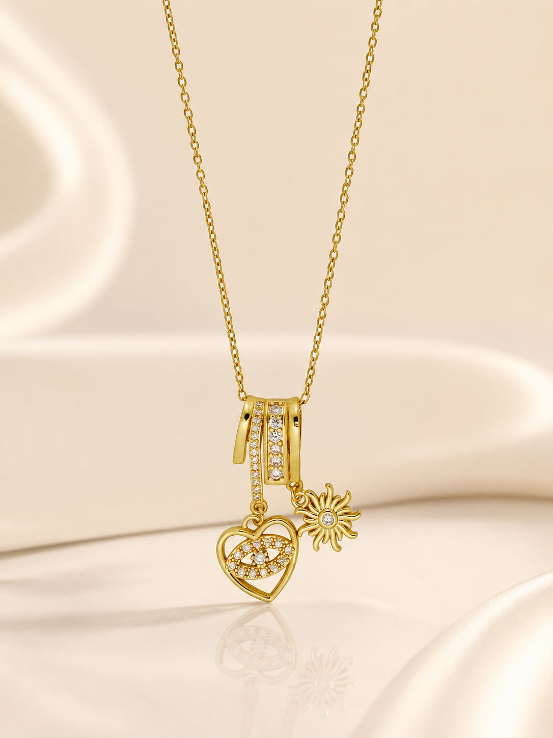18K Gold Plated Heart Eye & Sun Charm Necklace