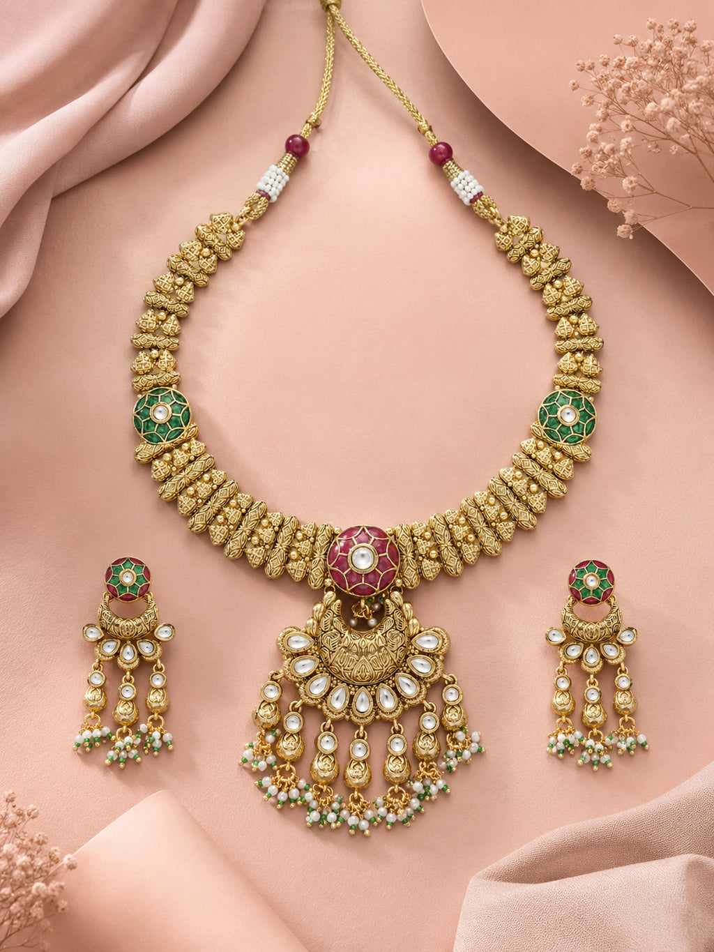 Aanura Bridal Kundan Pearl Choker Necklace with Earrings