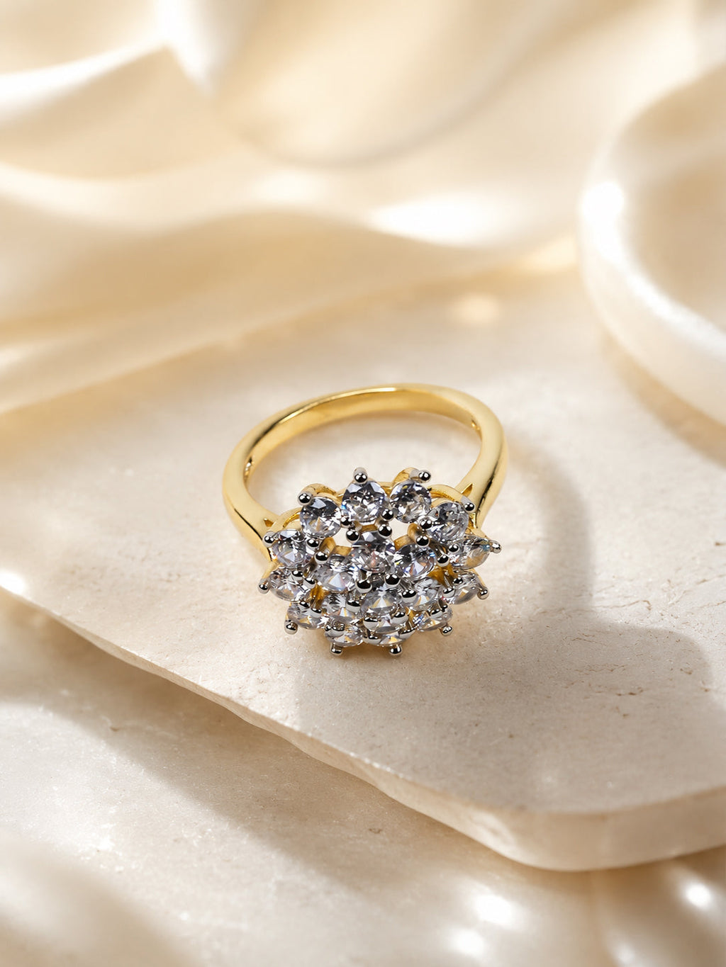 18K Gold-Plated Floral Diamond Cluster Ring – Anti-Tarnish, Waterproof