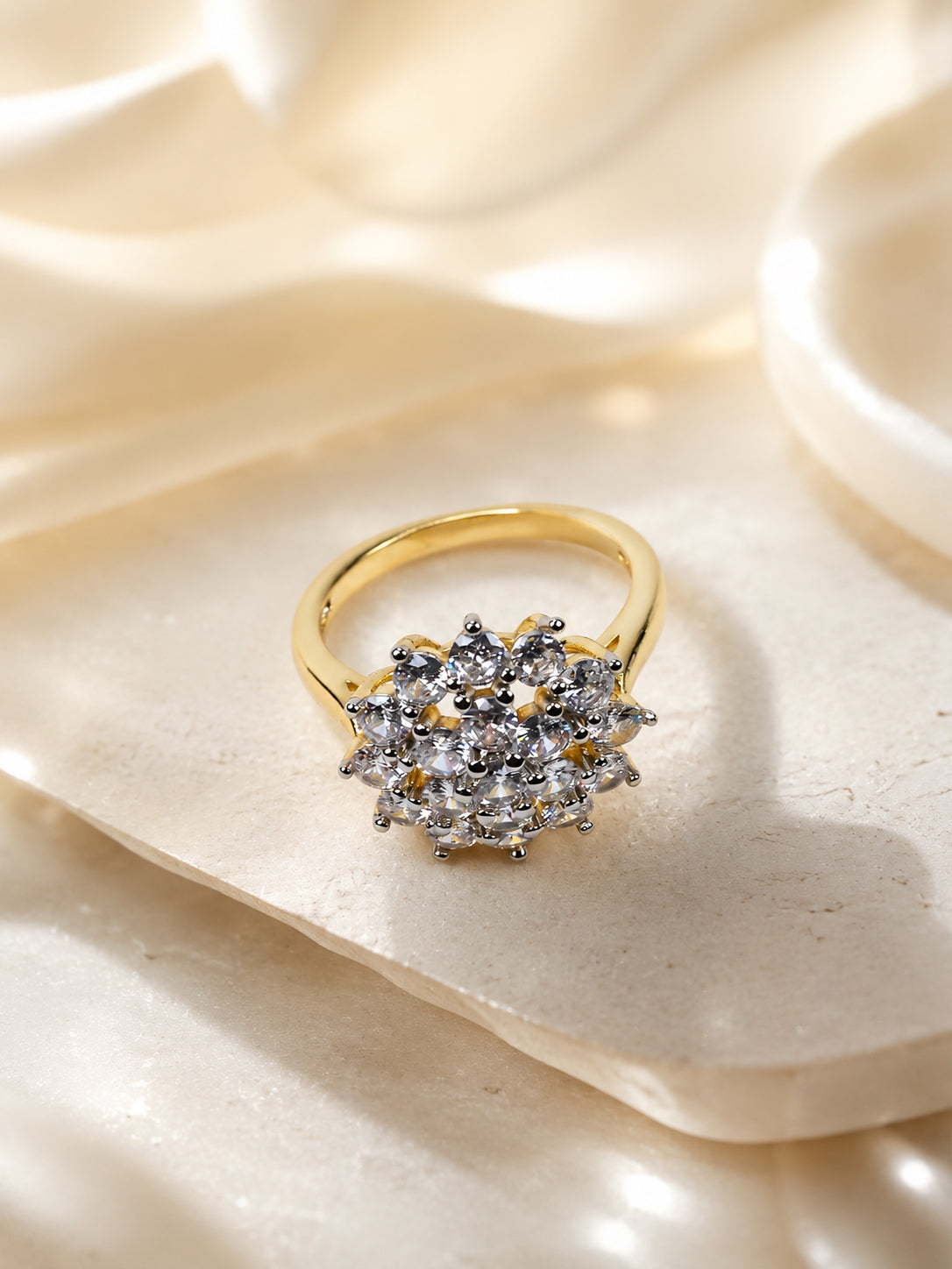 18K Gold-Plated Floral Diamond Cluster Ring – Anti-Tarnish, Waterproof