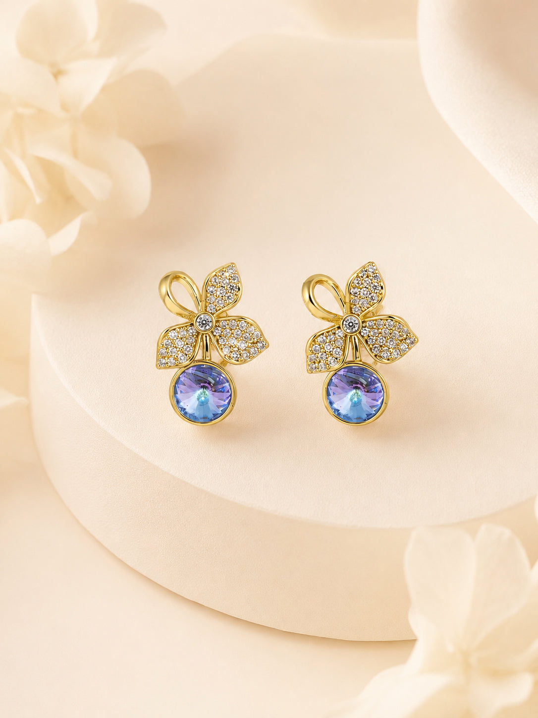 Floral Blue Crystal Drop Stud Earrings in 18K Gold Plating