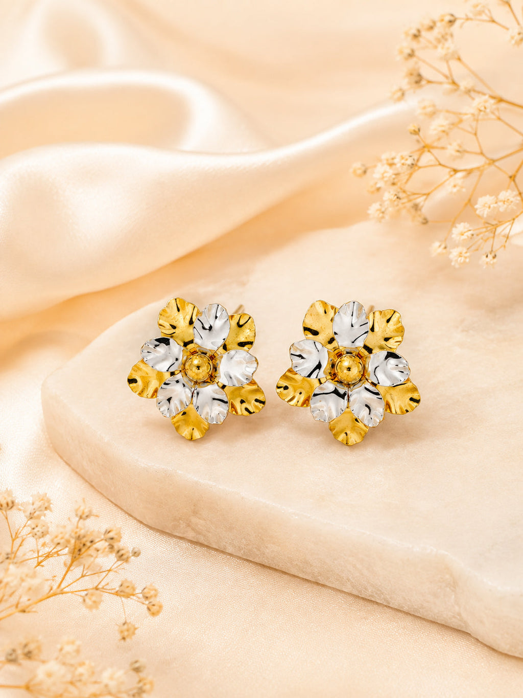 Aanura Dual Tone Floral Gold Statement Earrings