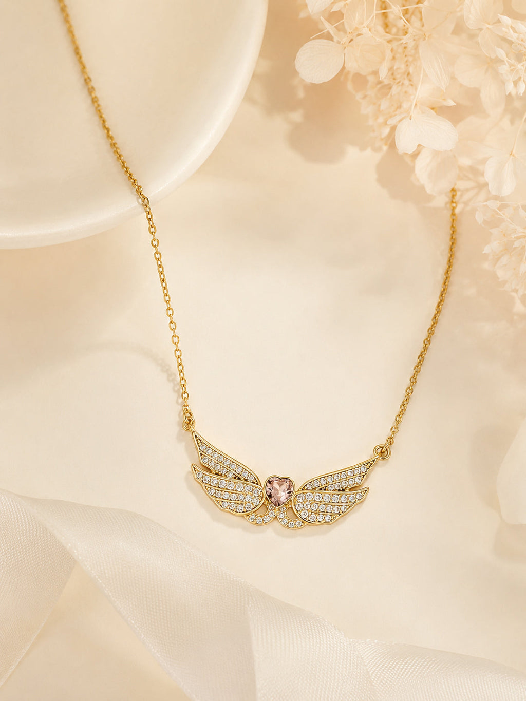 18K Gold Plated Purple Angel Wing Heart Stone Necklace