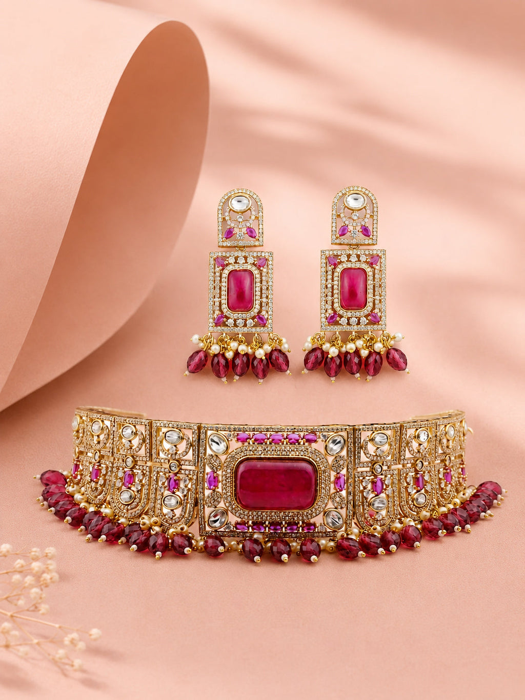 Aanura Red Stone Bridal Choker Set with Earrings