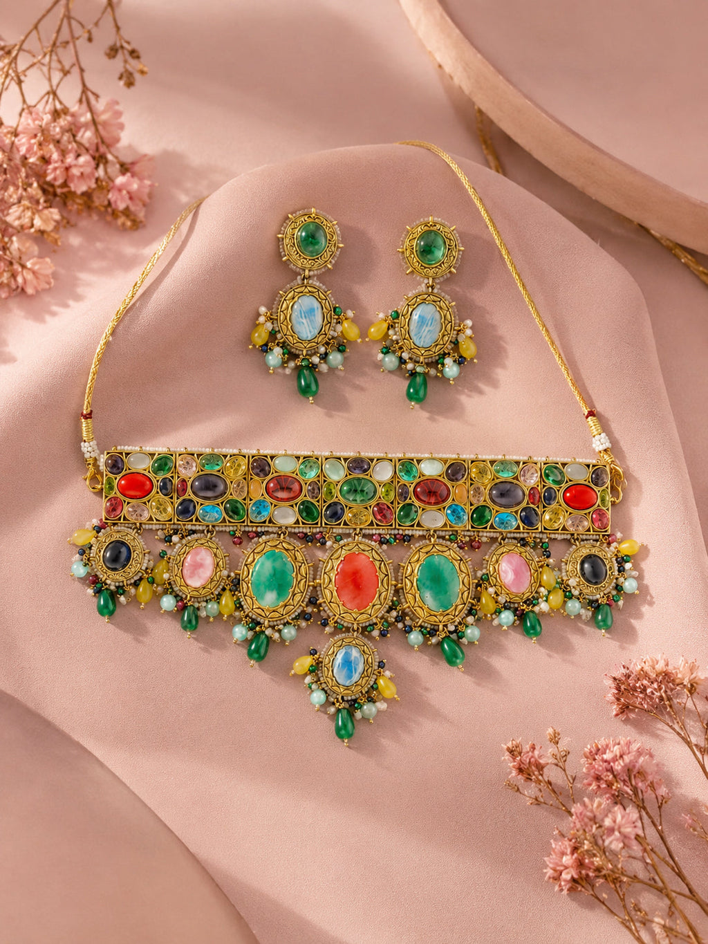 Aanura Multi-Colour Stone Choker Necklace Set