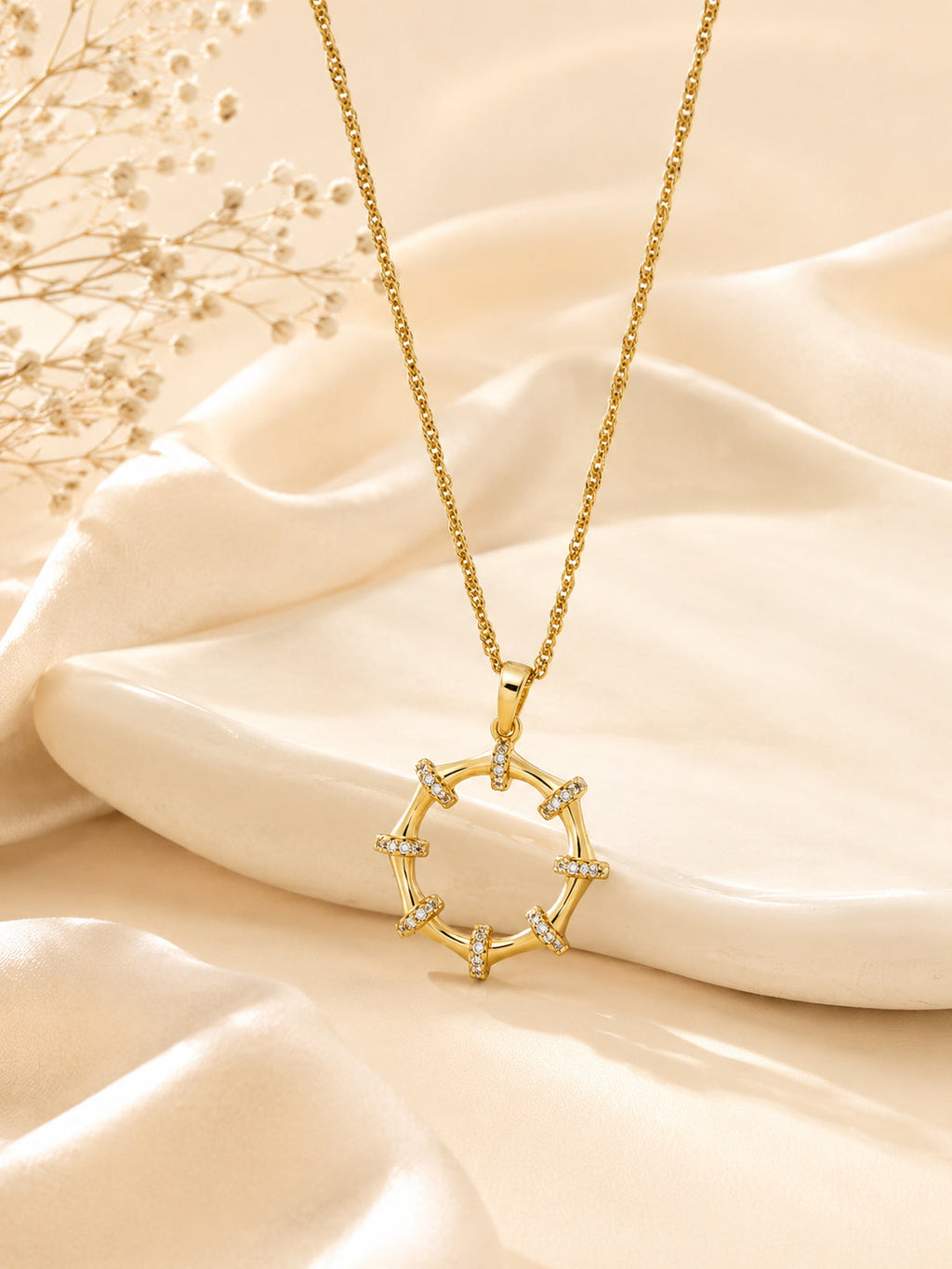 18K Gold Plated Open Circle CZ Bar Necklace