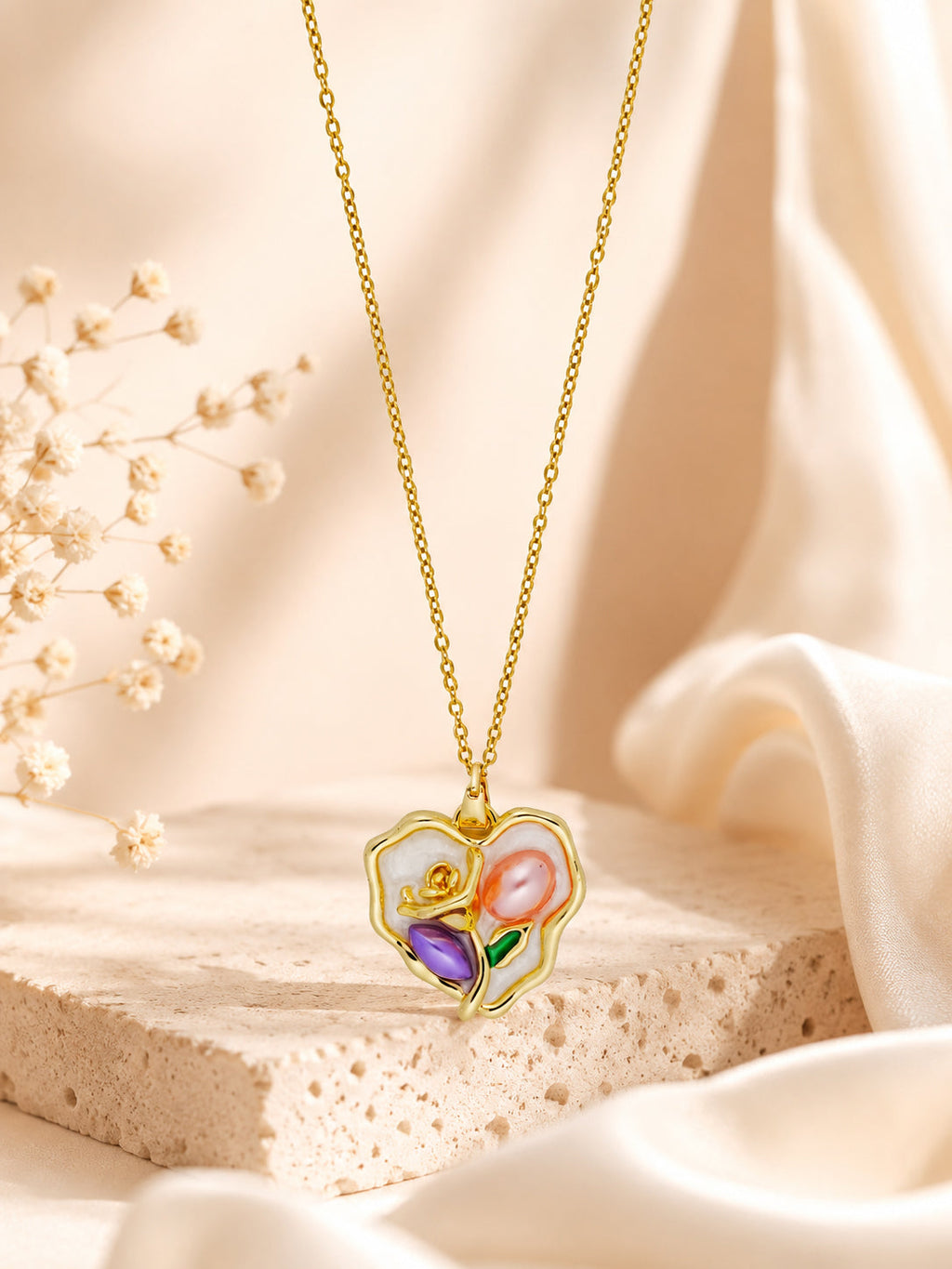 Floral Heart Charm Necklace in 18K Gold Plating