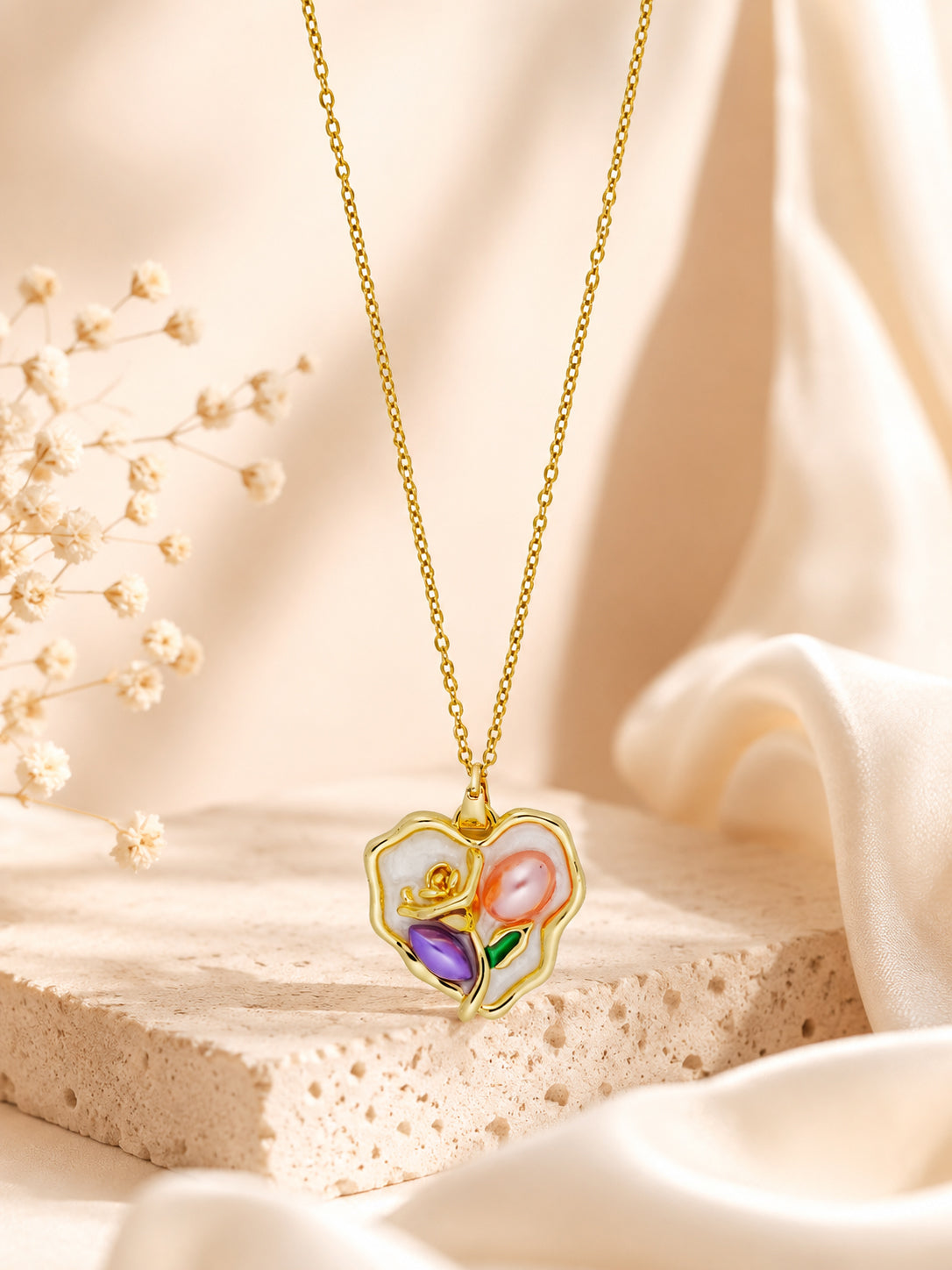 Floral Heart Charm Necklace in 18K Gold Plating
