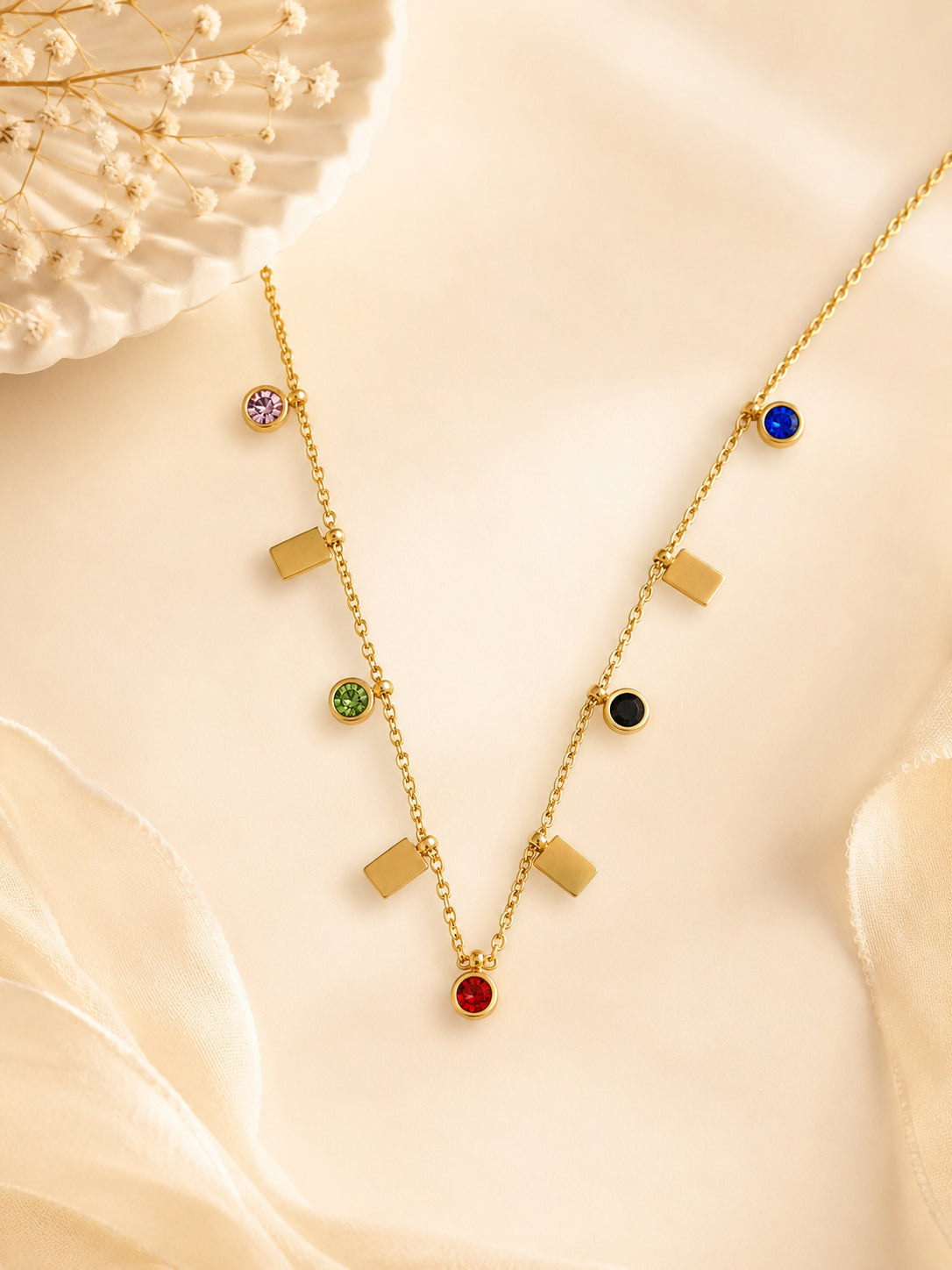 Multi-Colour Crystal Charm Necklace in 18K Gold Plating