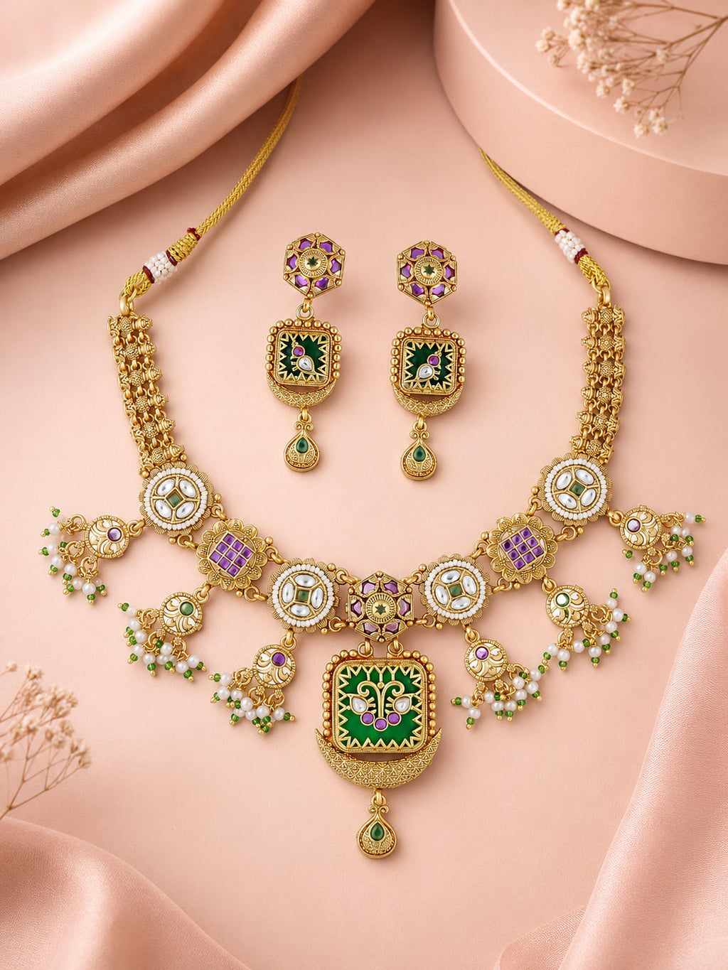 Aanura Gold Plated Royal Pendant Necklace Set
