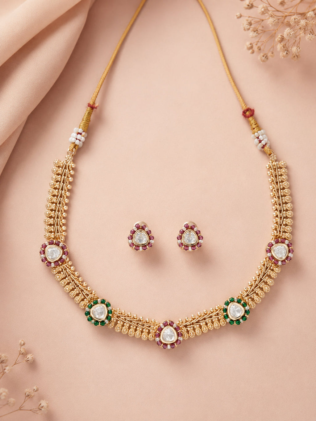 Aanura Delicate Floral Kundan Necklace Set with Earrings