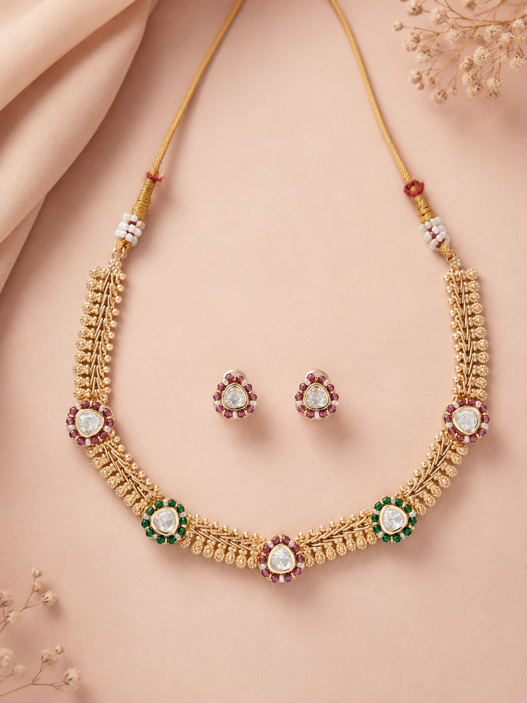 Aanura Delicate Floral Kundan Necklace Set with Earrings