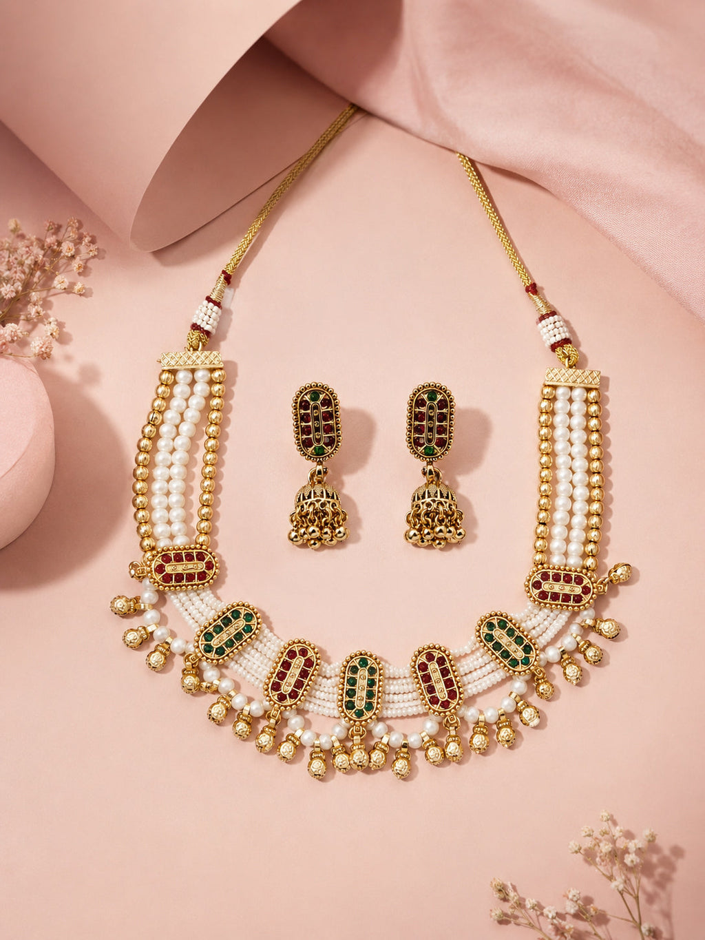 Aanura Multi-Strand Pearl Necklace with Kundan Earrings