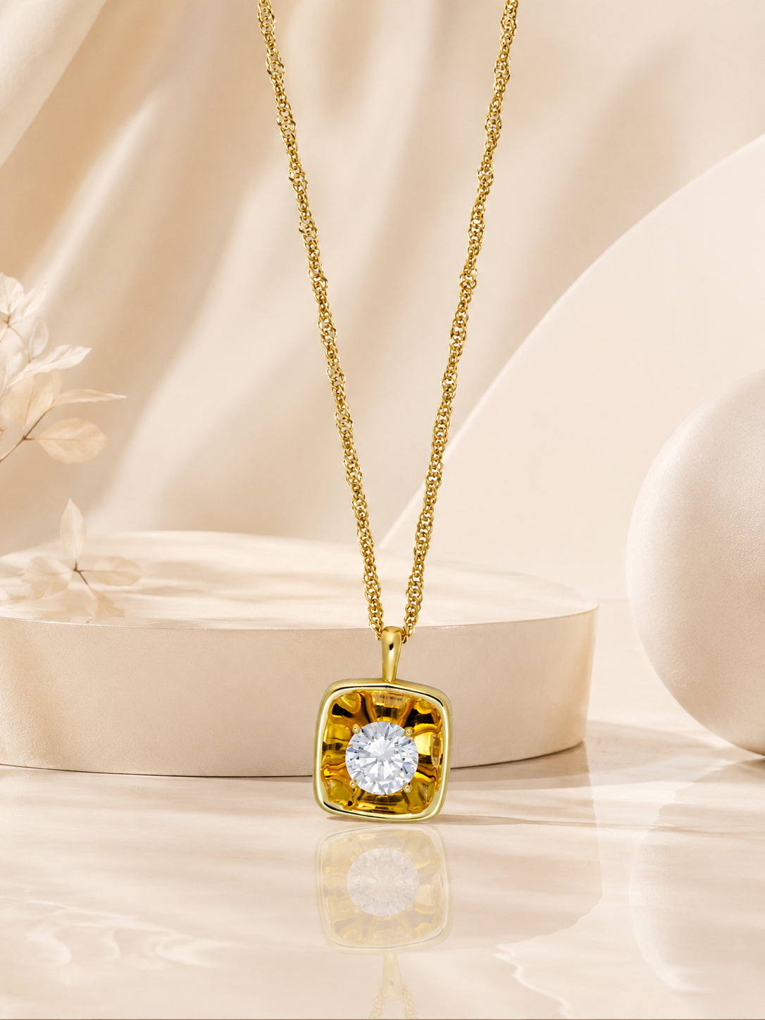 18K Gold Plated Square Solitaire Pendant Necklace