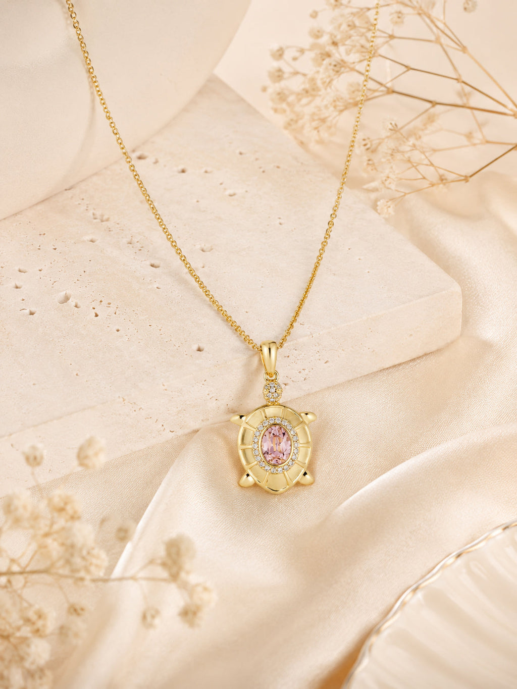 18K Gold Plated Pink Turtle Crystal Necklace