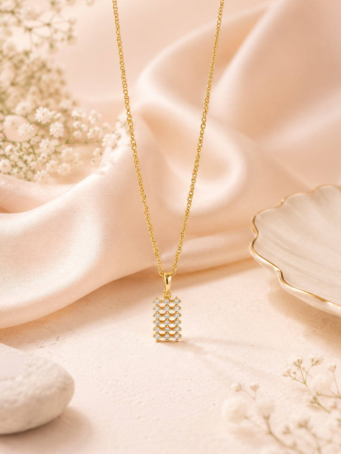 18K Gold Plated Crystal Grid Pendant Necklace