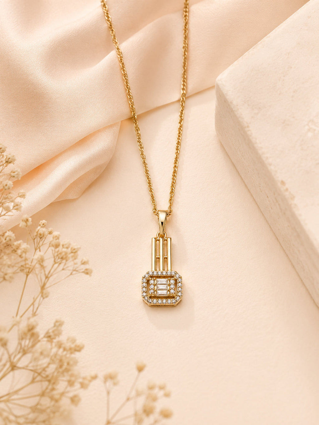 Vertical Bar Crystal Pendant Necklace with 18K Gold Plating