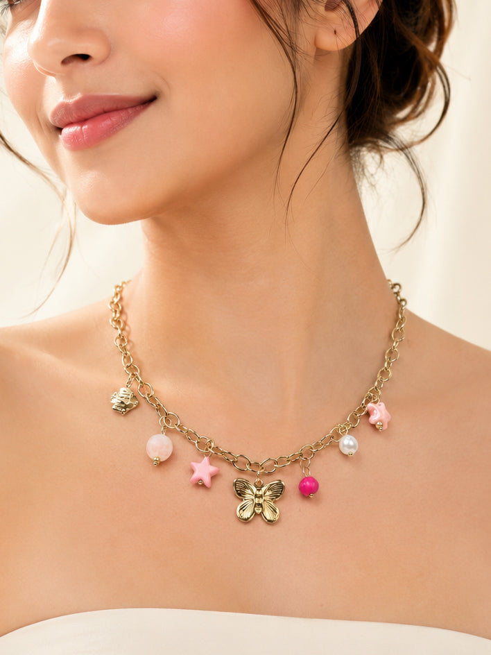 Aanura Gold Charm Necklace with Butterfly & Beads