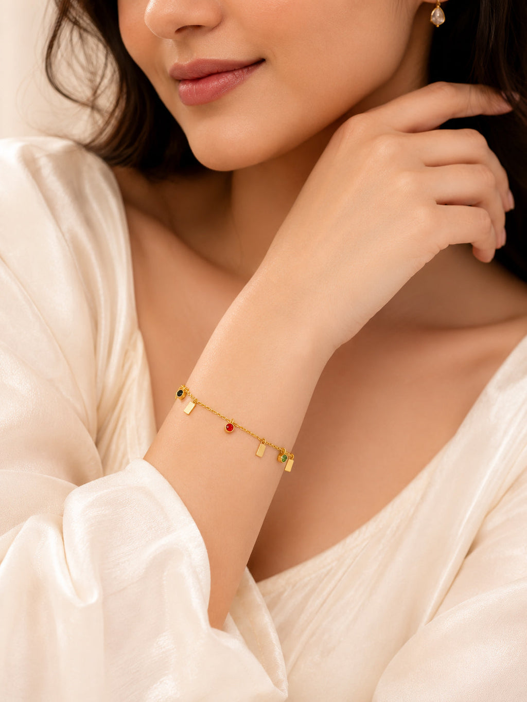 Stainless Steel 18K Gold Plated Multi-Stone Chain Charm Bracelet