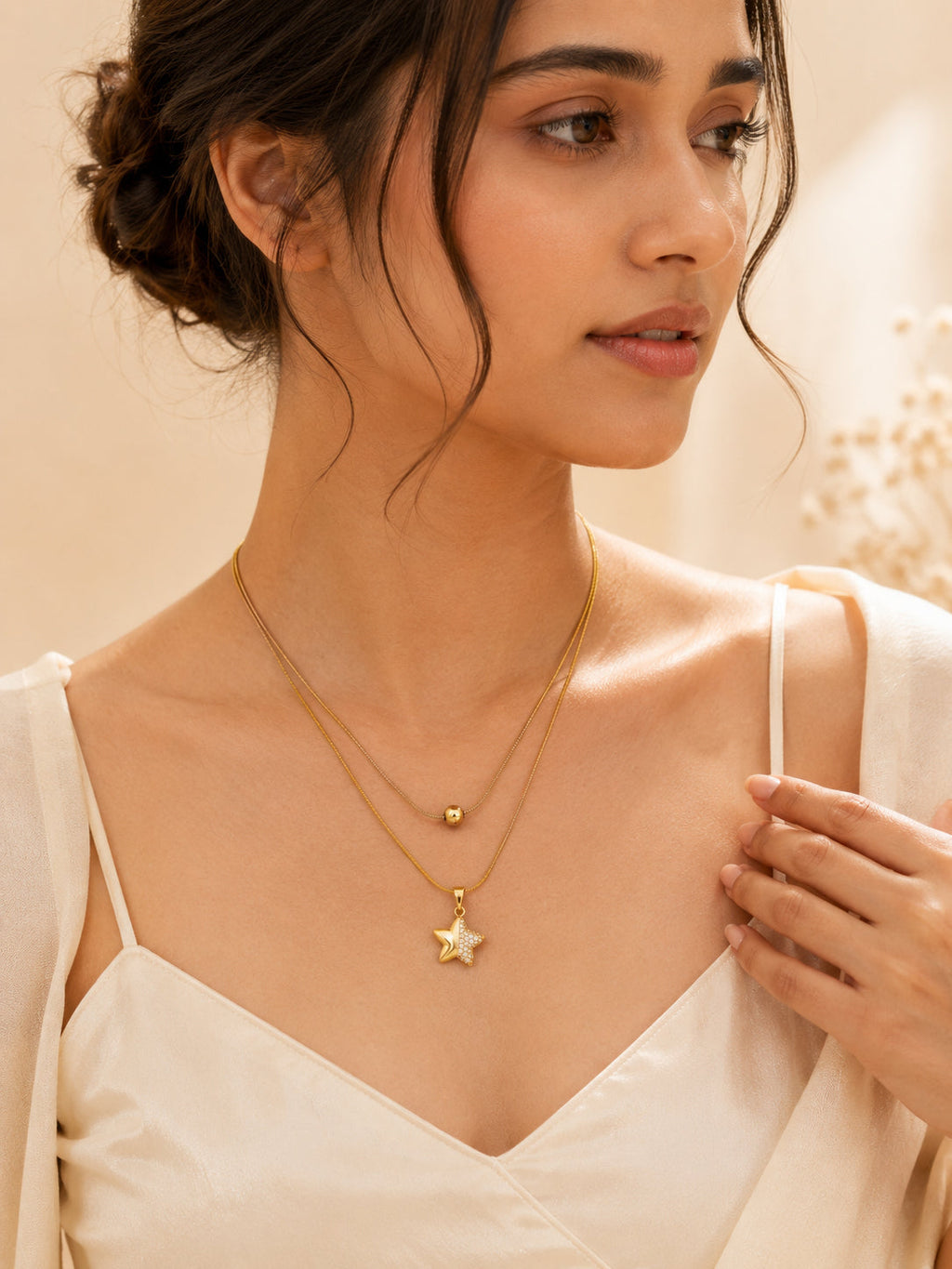 Half-Crystal Star Layered Necklace with 18K Gold Plating