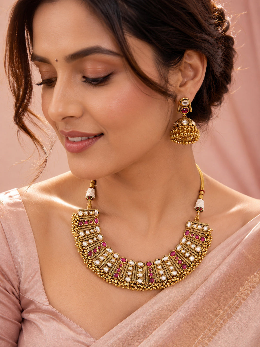 Aanura Antique Gold Ruby & White Stone Choker Set
