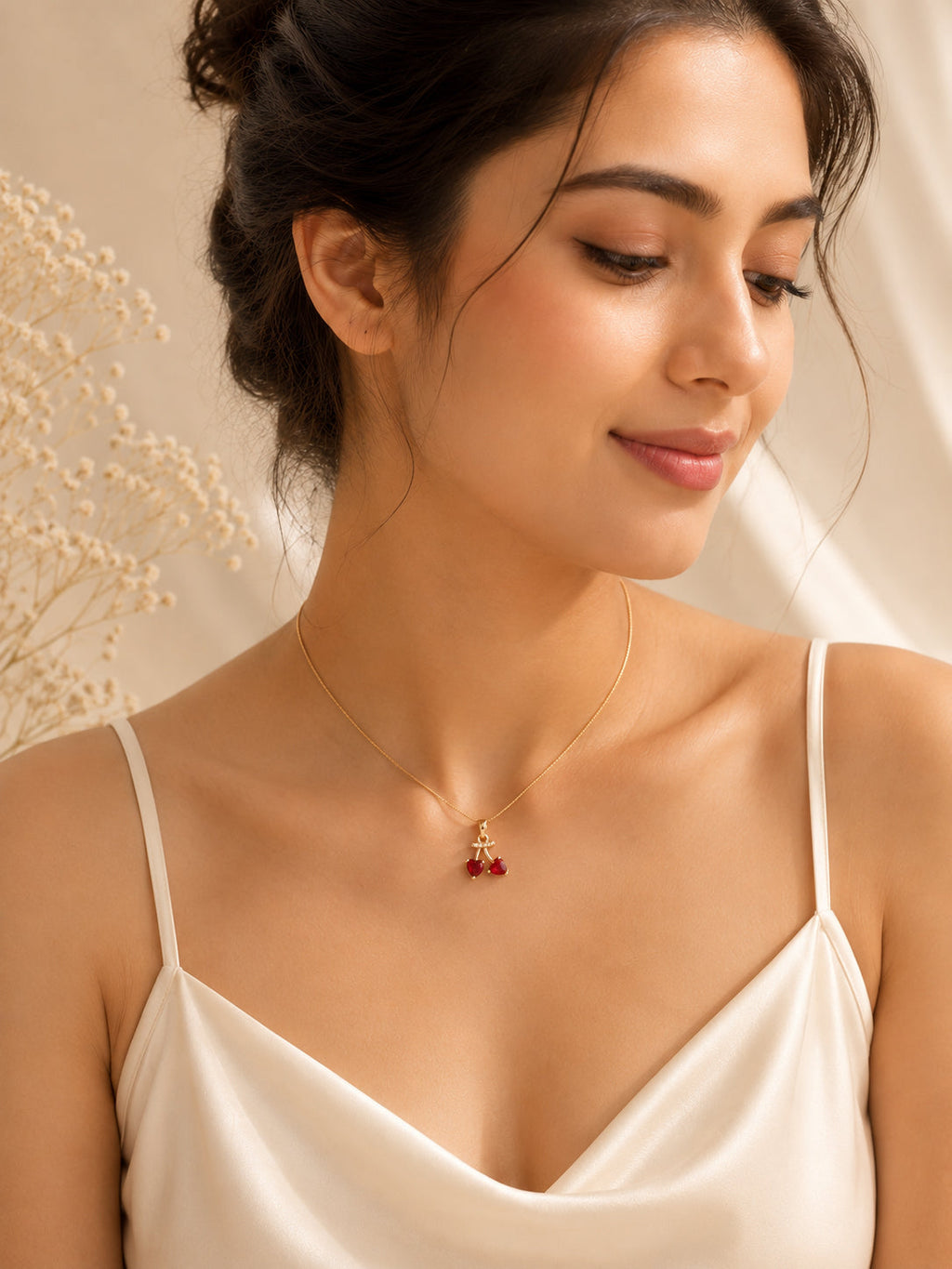 18K Gold Plated Twin Red Crystal Pendant Necklace for Women