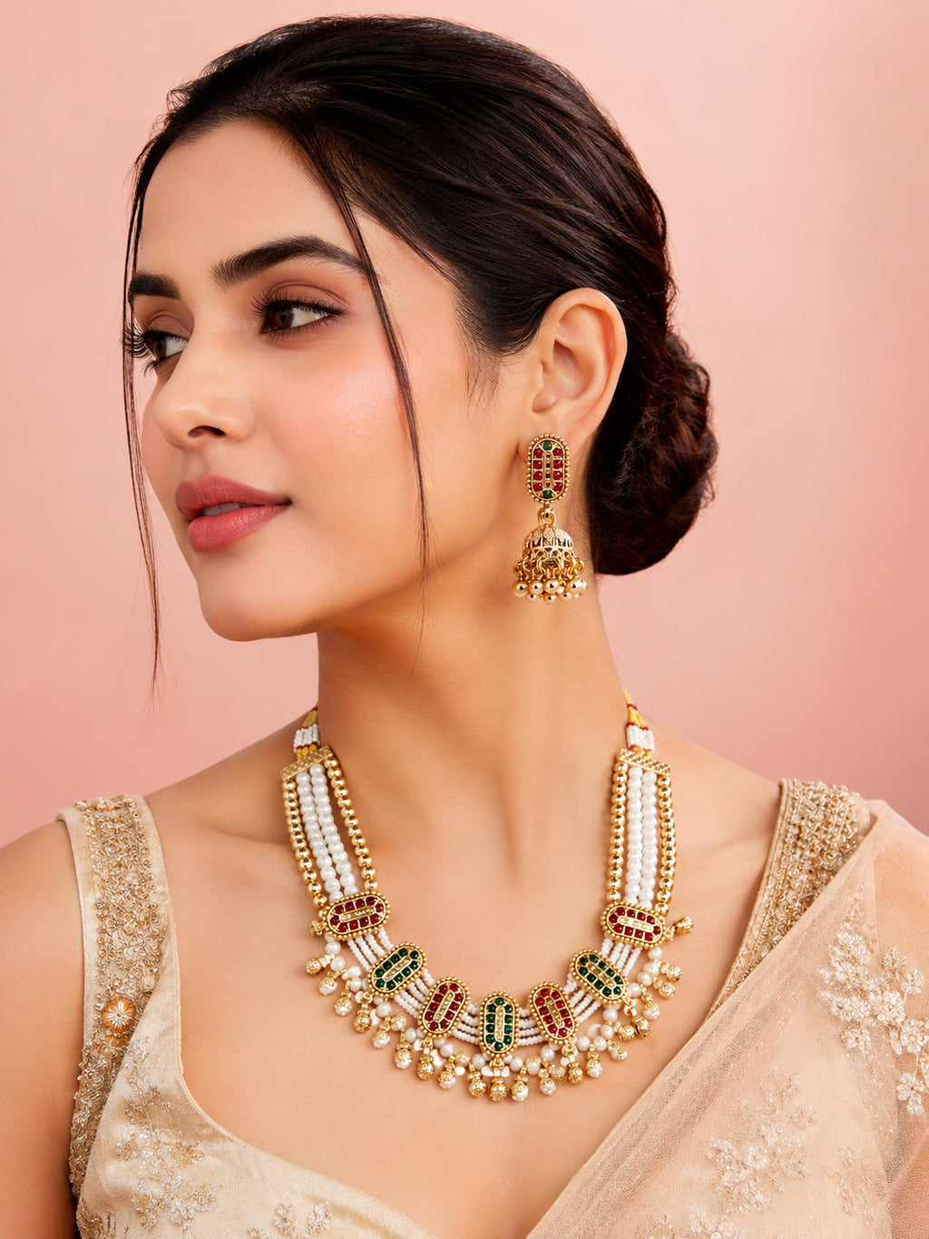 Aanura Multi-Strand Pearl Necklace with Kundan Earrings