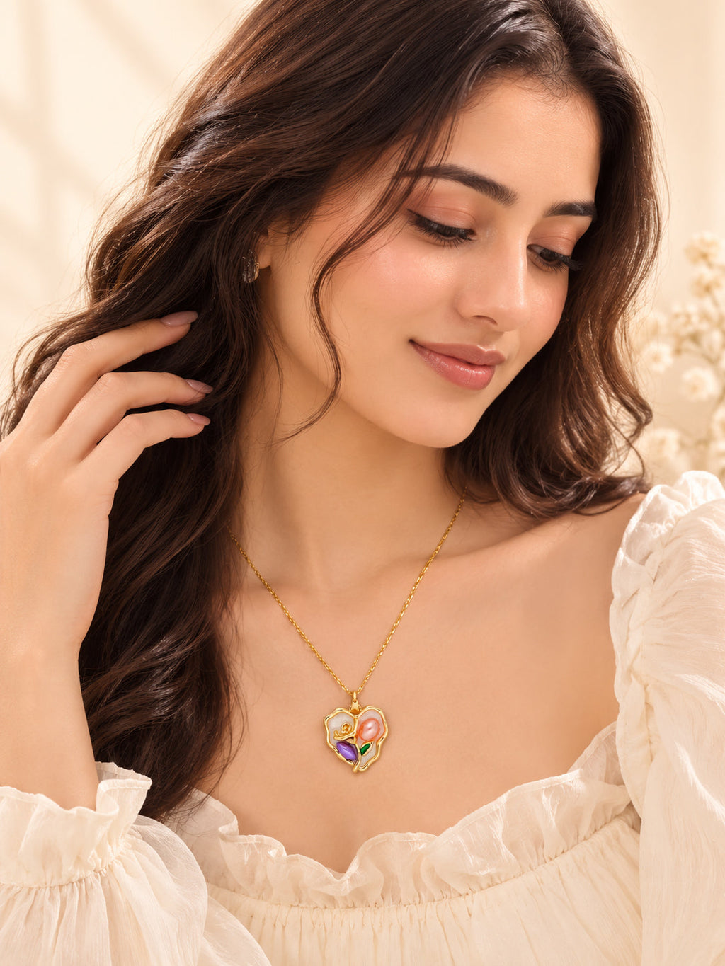 Floral Heart Charm Necklace in 18K Gold Plating