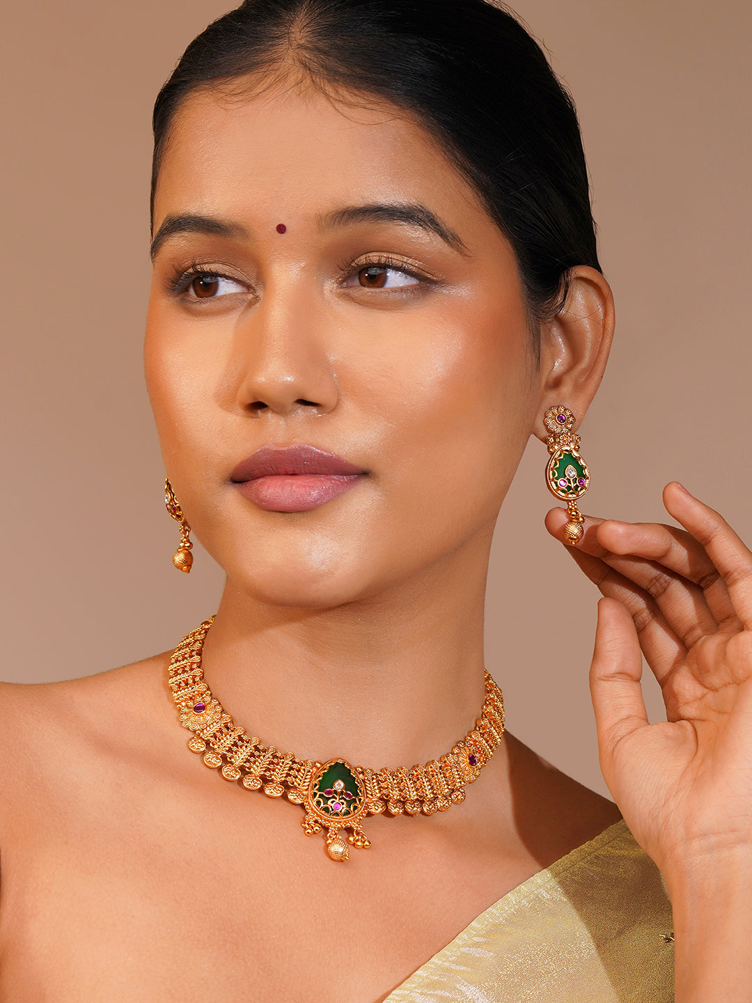 Aanura Gold Plated Emerald Aura Necklace Set