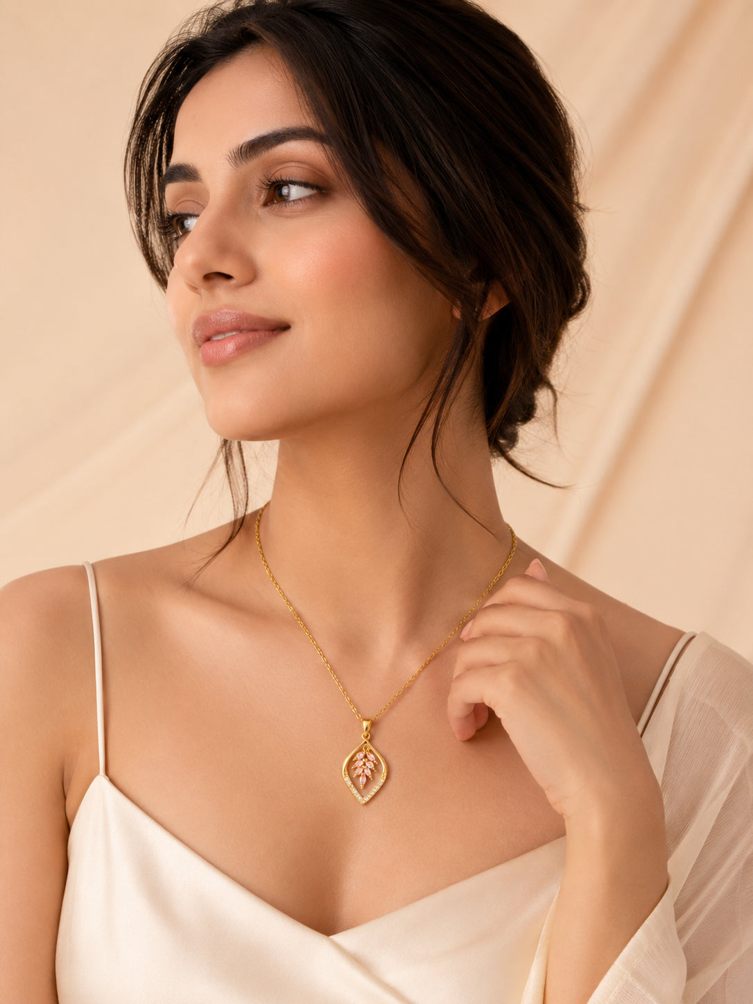 Pink Leaf Crystal Necklace in 18K Gold Plating