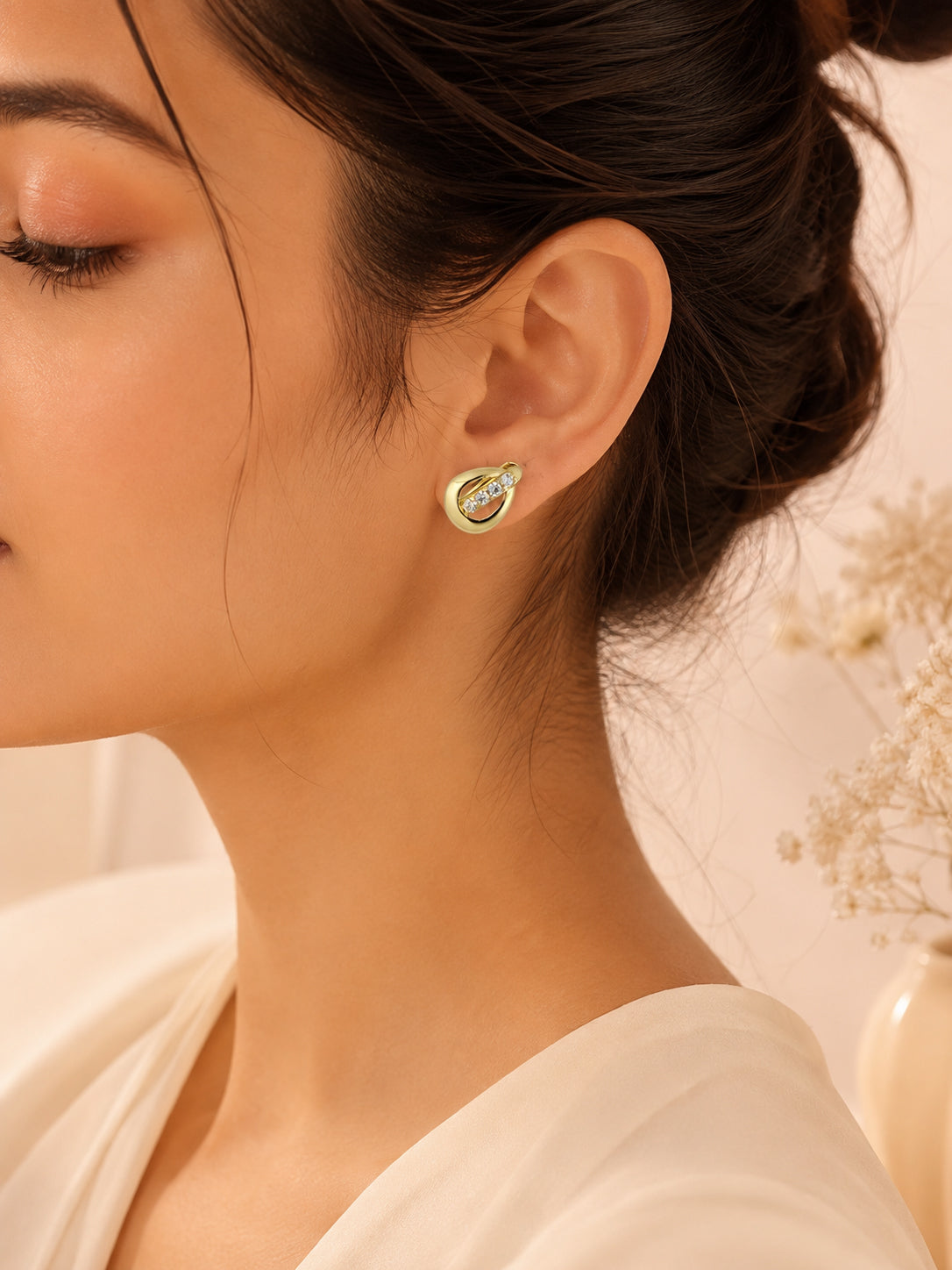 Water-Resistant Oval CZ Stud Earrings with 18K Gold Plating