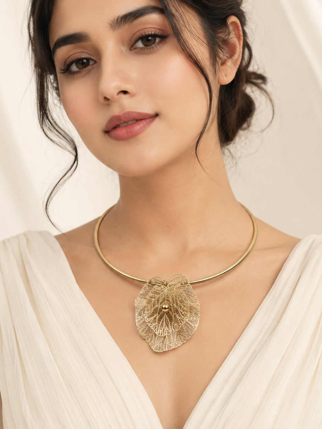 Aanura Gold Choker Necklace with Delicate Leaf Charm