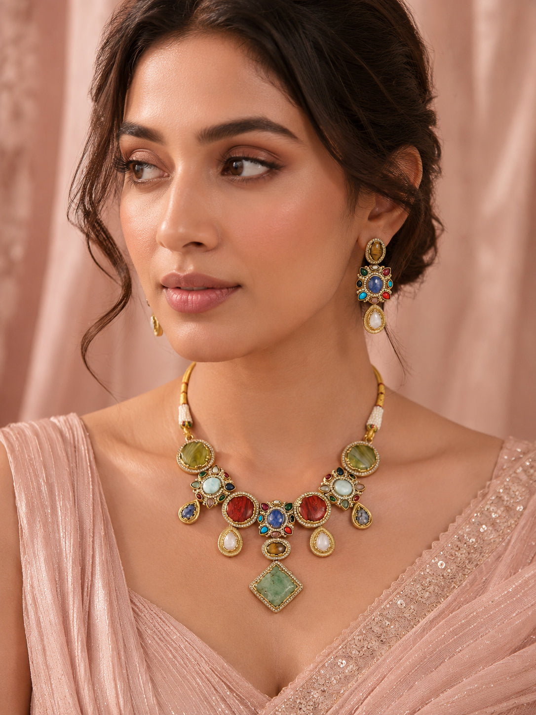 Aanura Navratna Statement Necklace with Multicolor Stones
