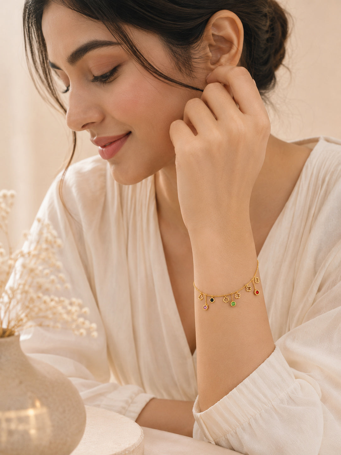 18K Gold Plated Clover Stone Charm Adjustable Bracelet