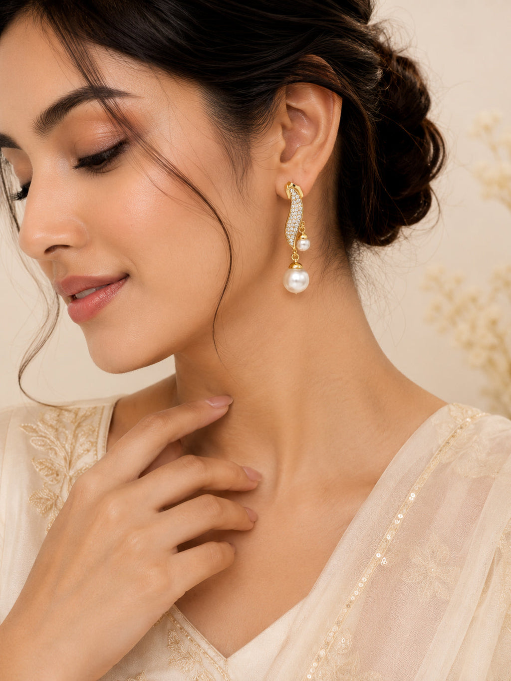 Curved Pearl Dangle Earrings with CZ Detail in 18K Gold Plating