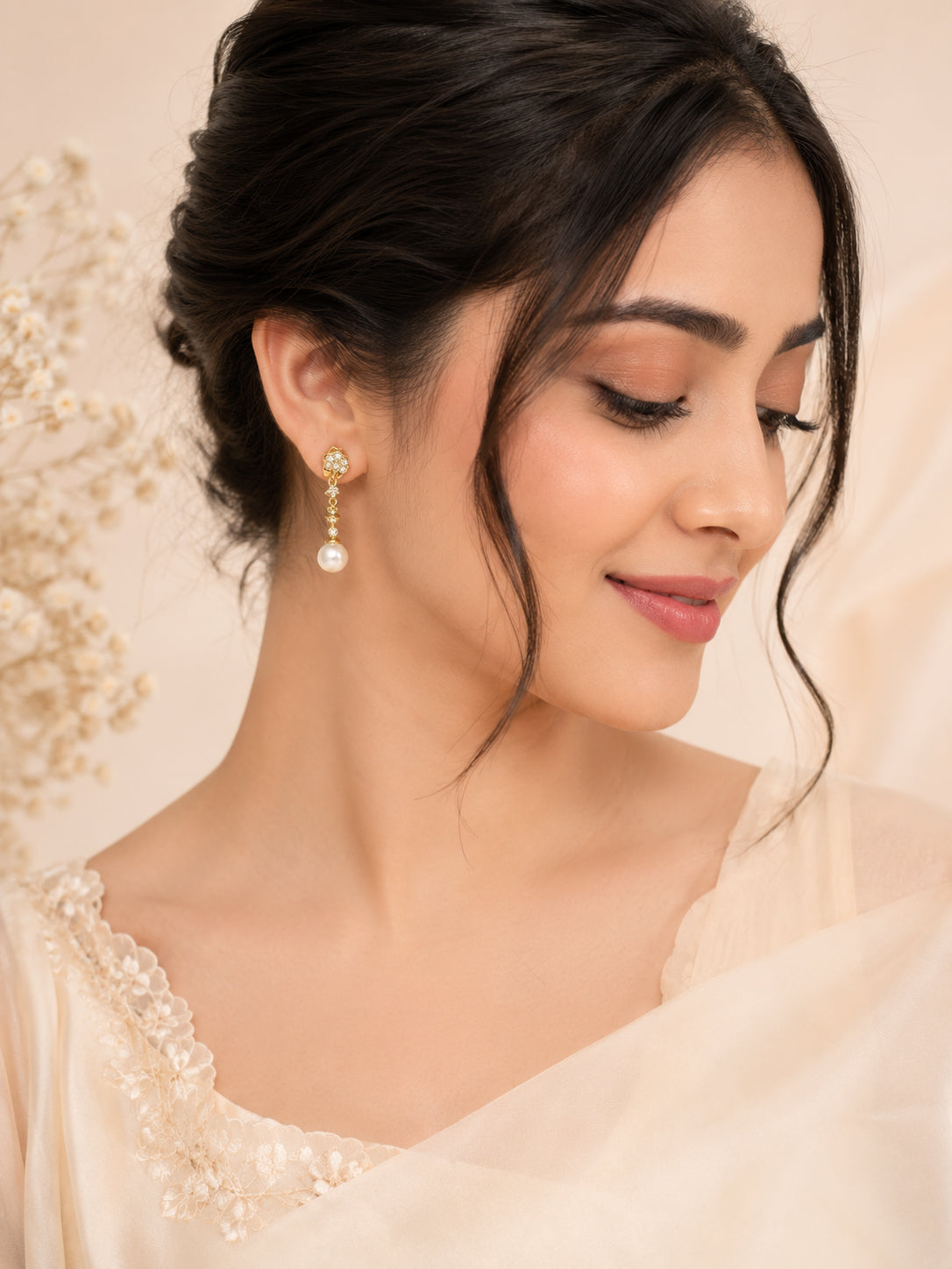 Pearl Drop Earrings with Cubic Zirconia in 18K Gold Plating