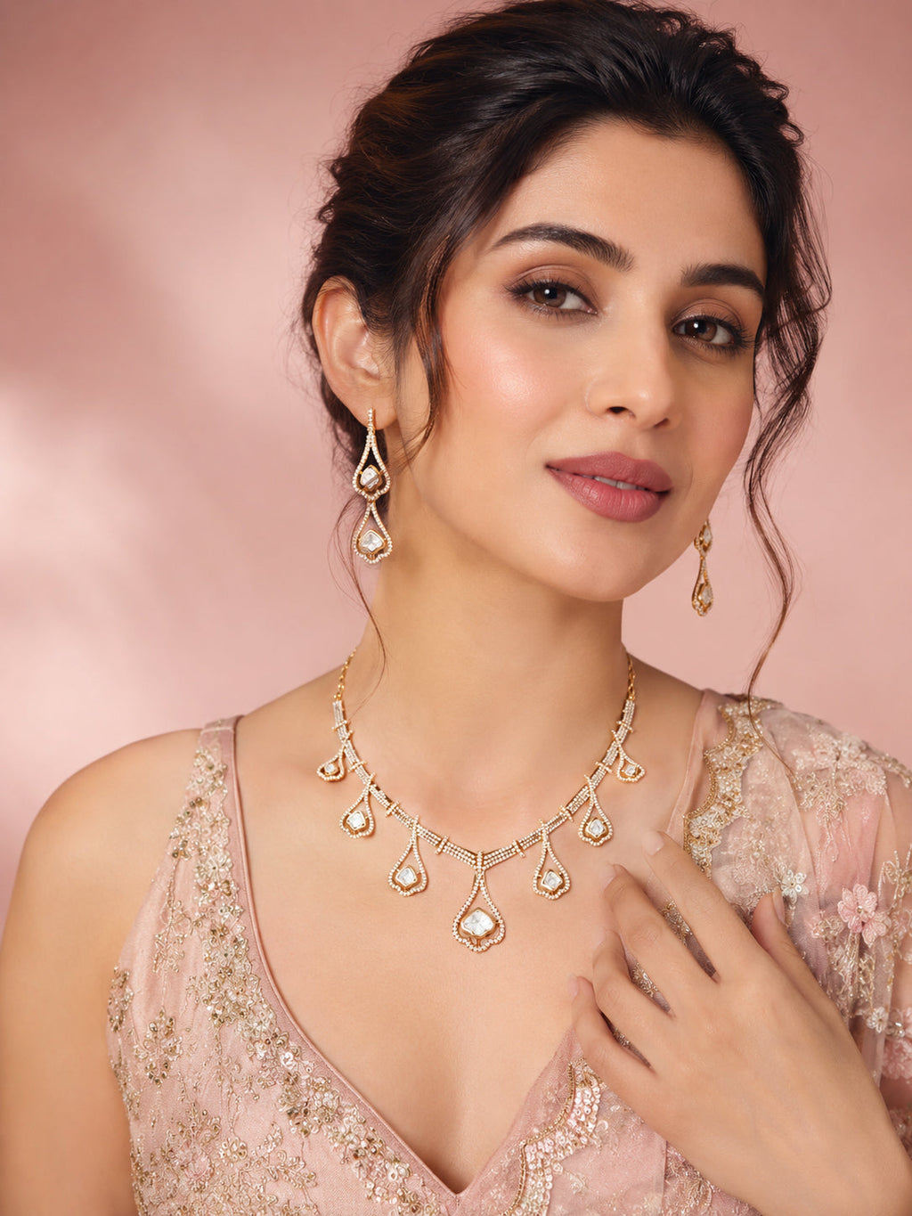 Aanura Teardrop Gold Necklace Set with Stone Earrings