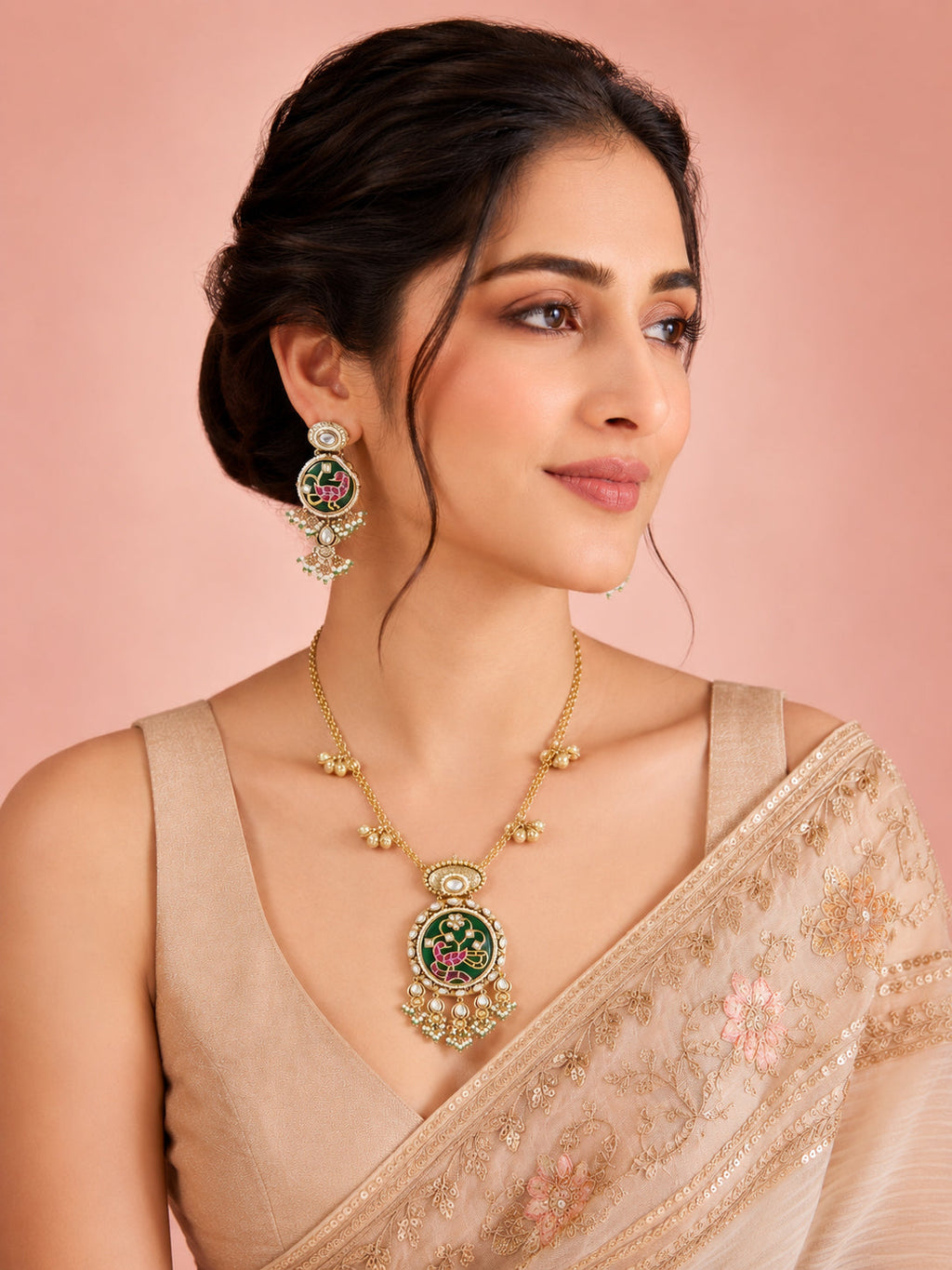 Aanura Peacock Motif Kundan Pendant Necklace Set