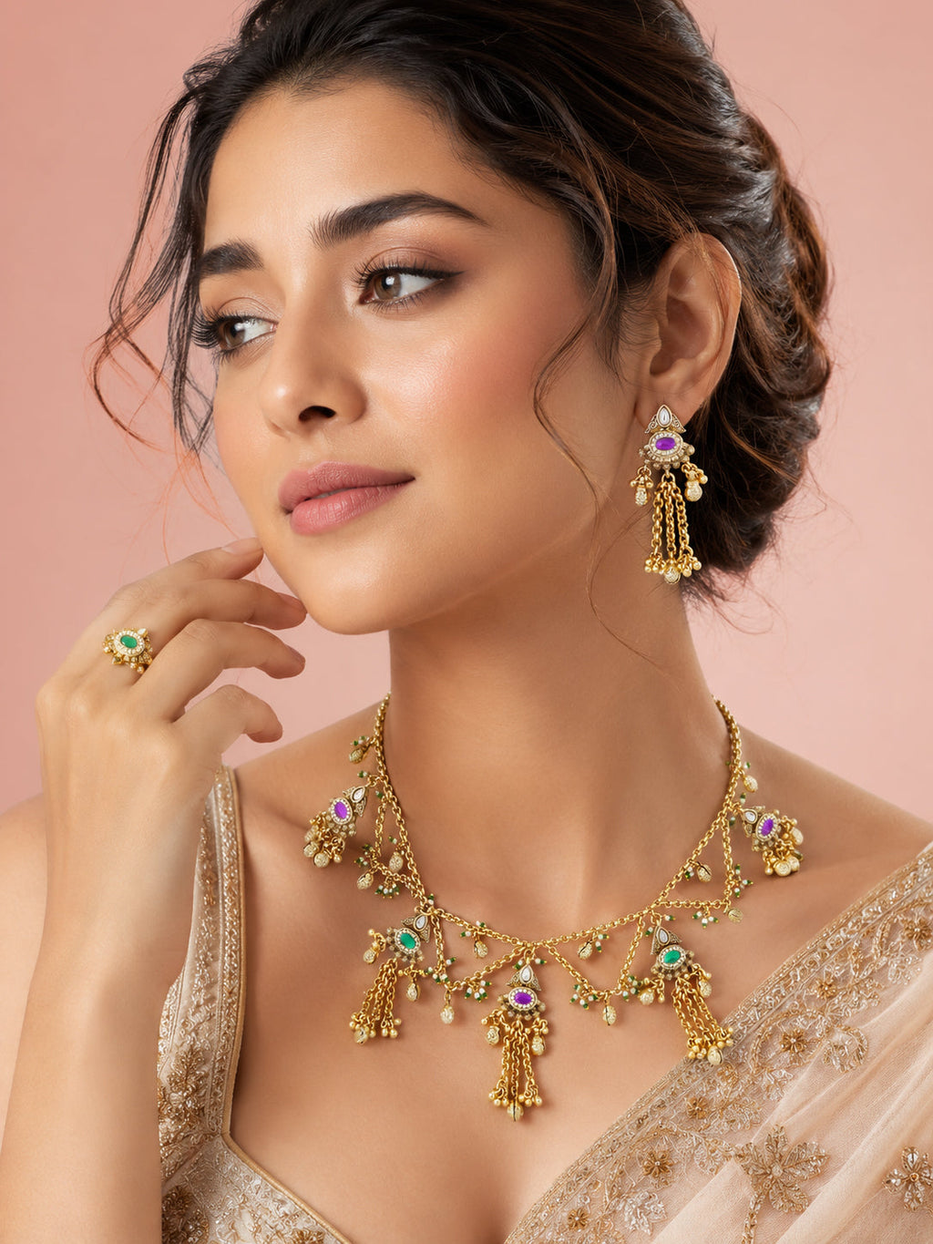 Aanura Cascading Chain Necklace Set with Green & Purple Stones