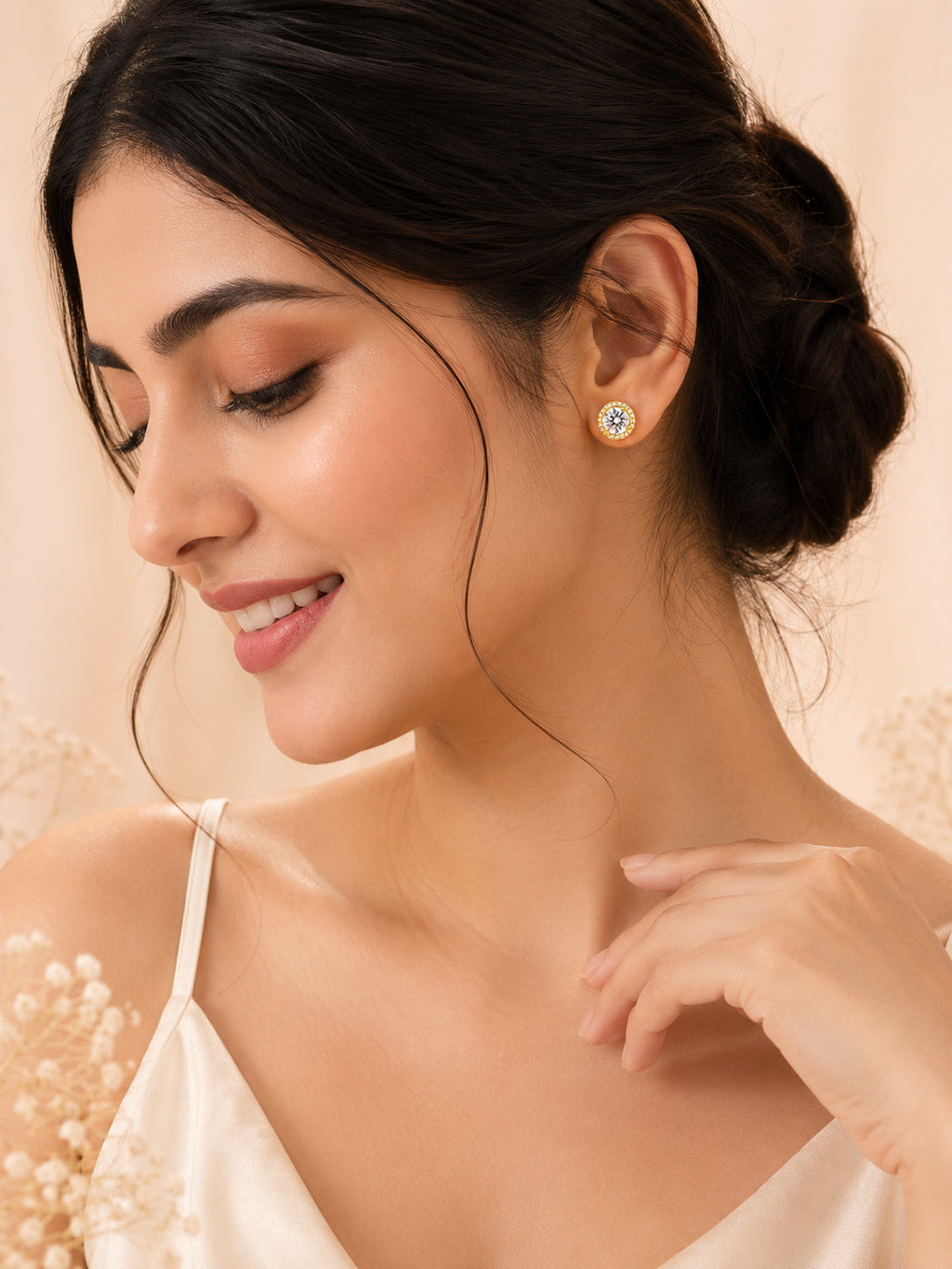 Round Halo CZ Stud Earrings in 18K Gold Plating