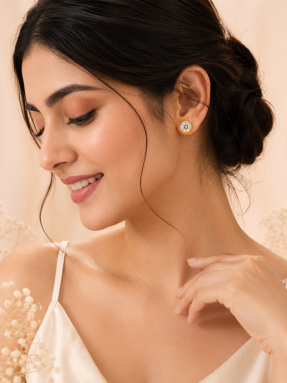 Round Halo CZ Stud Earrings in 18K Gold Plating