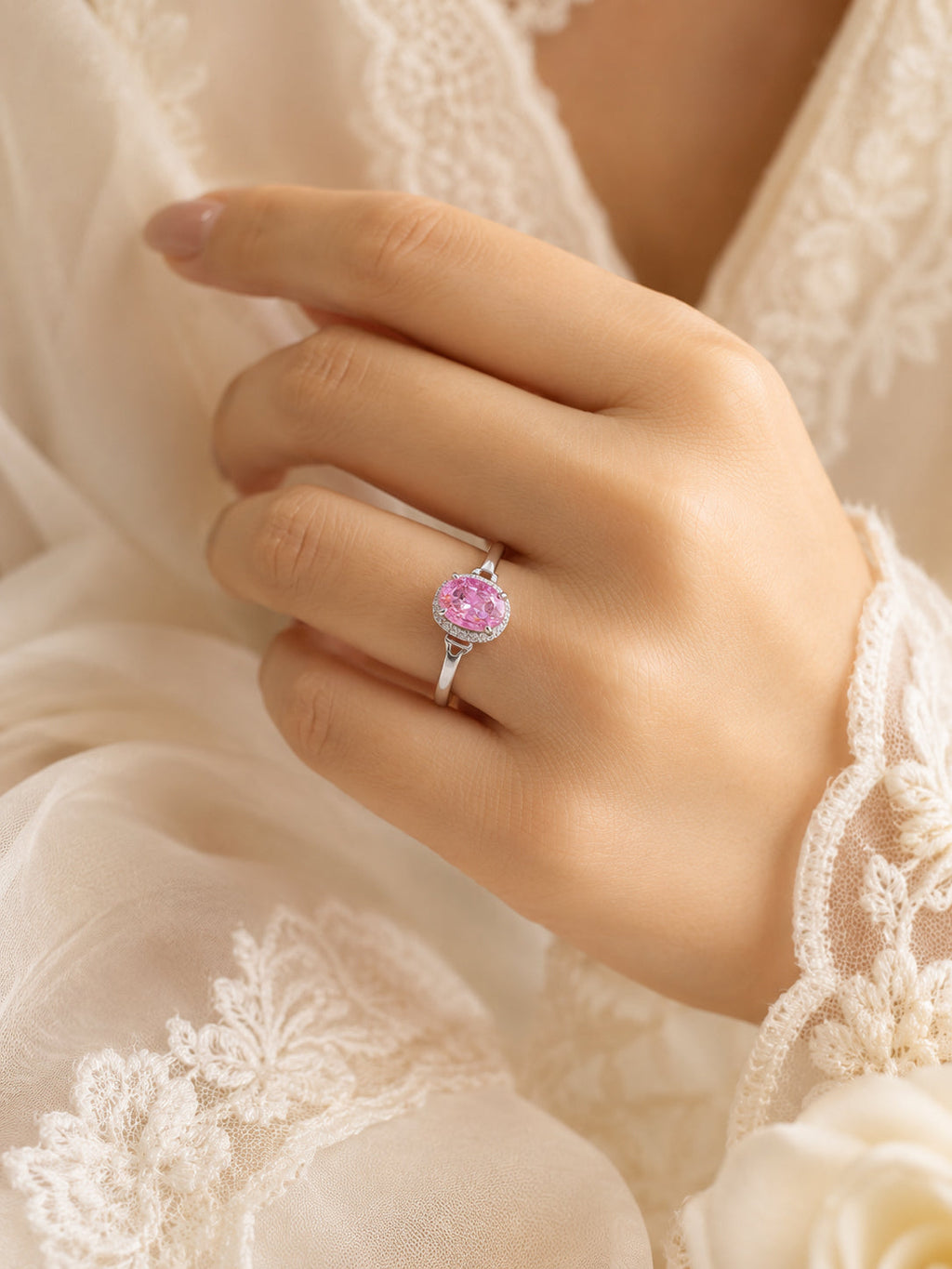 Rhodium Plated Pink Halo Anti-Tarnish Waterproof Ring